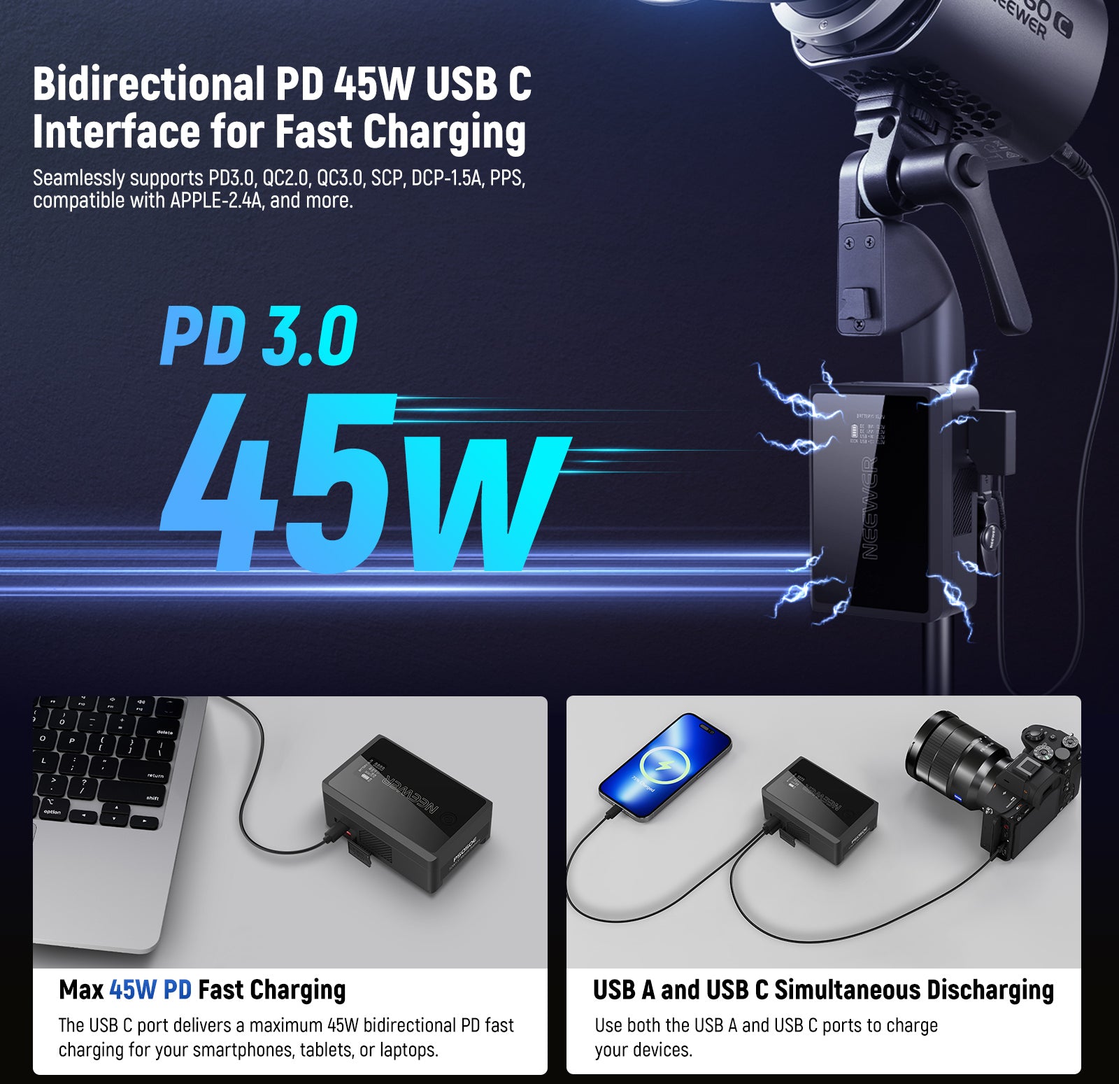 NEEWER PS050E 50Wh V Mount Battery supports simultaneous discharge via USB-A and USB-C ports