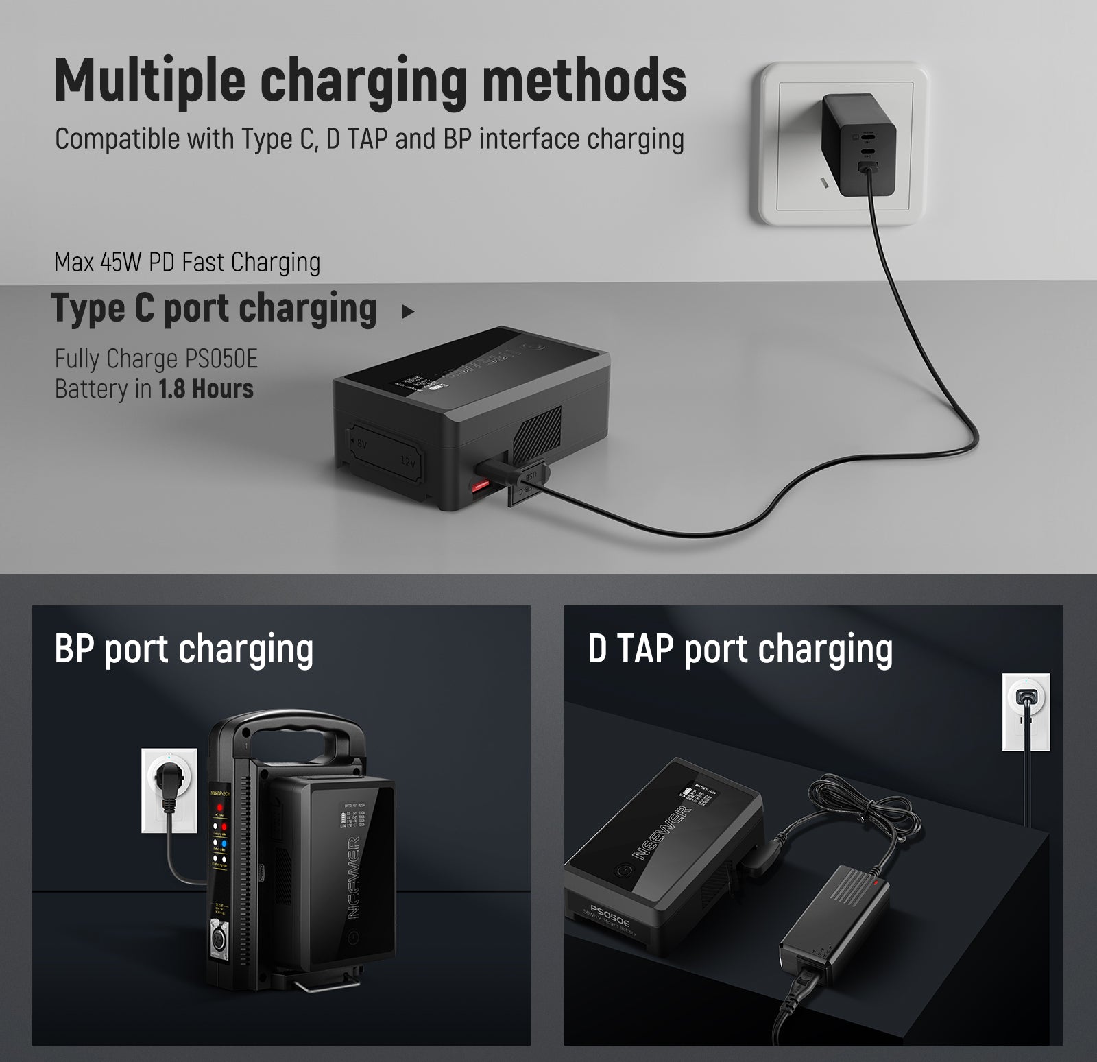 NEEWER PS050E 50Wh V Mount Battery offers multiple charging methods.