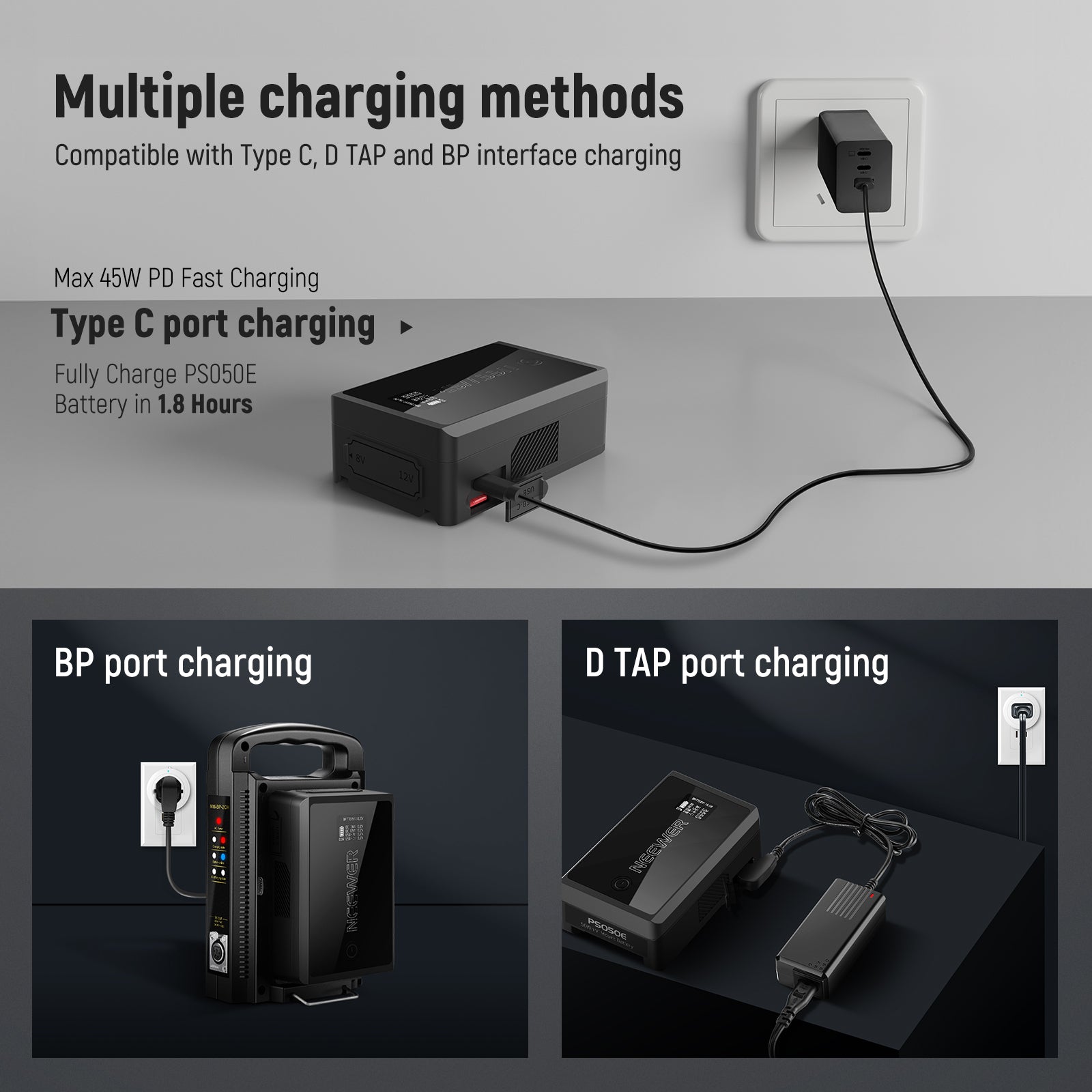 NEEWER PS050E 50Wh V Mount Battery offers multiple charging methods.