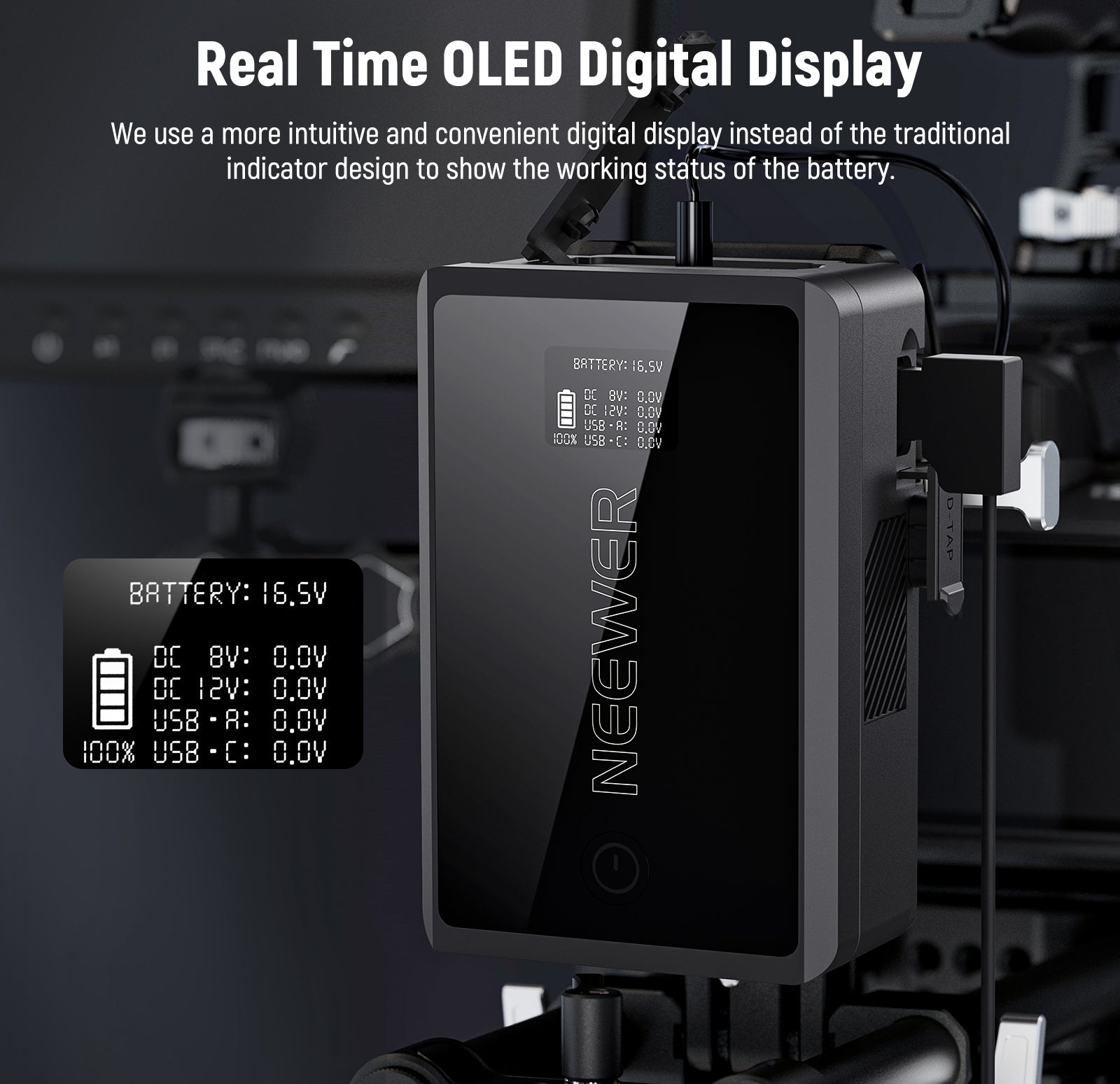 NEEWER PS050E 50Wh V Mount Battery features a real time OLED digital display.