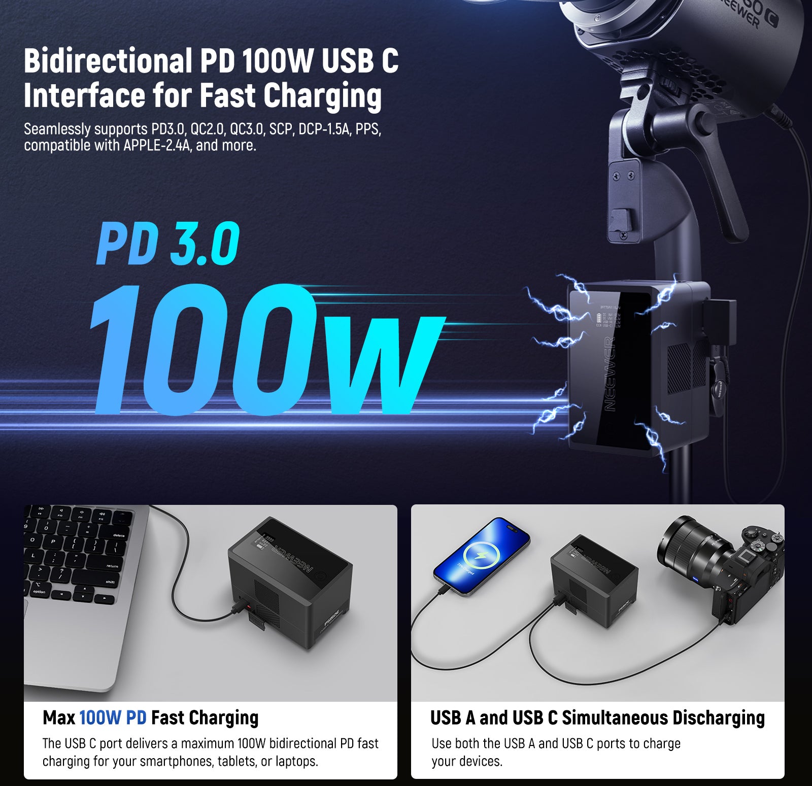 This PS150E V mount battery can be fully charged in 2.5h using a 120W PD fast charging GaN charger set