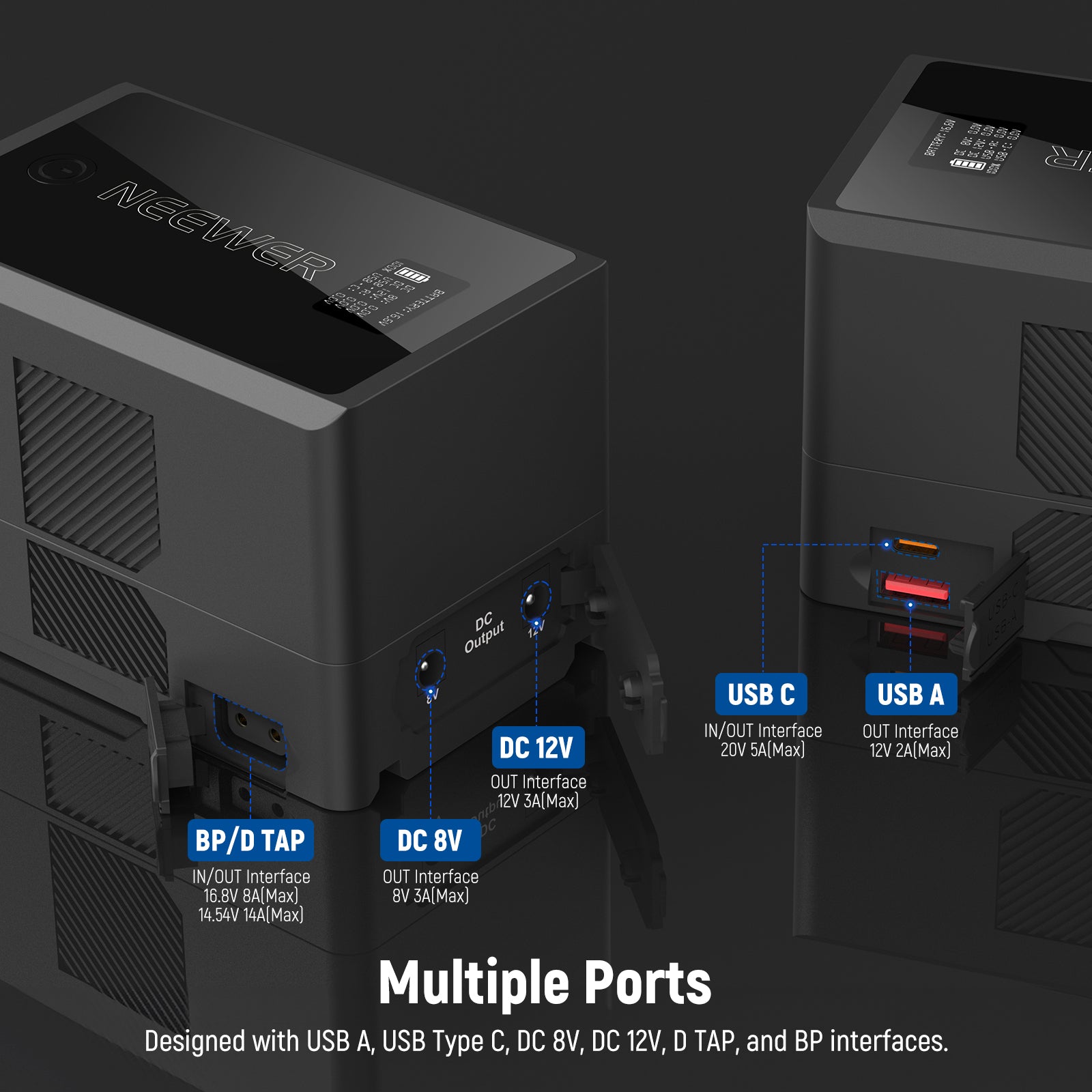 NEEWER PS150E Small V Mount Battery is versatile with multiple ports.