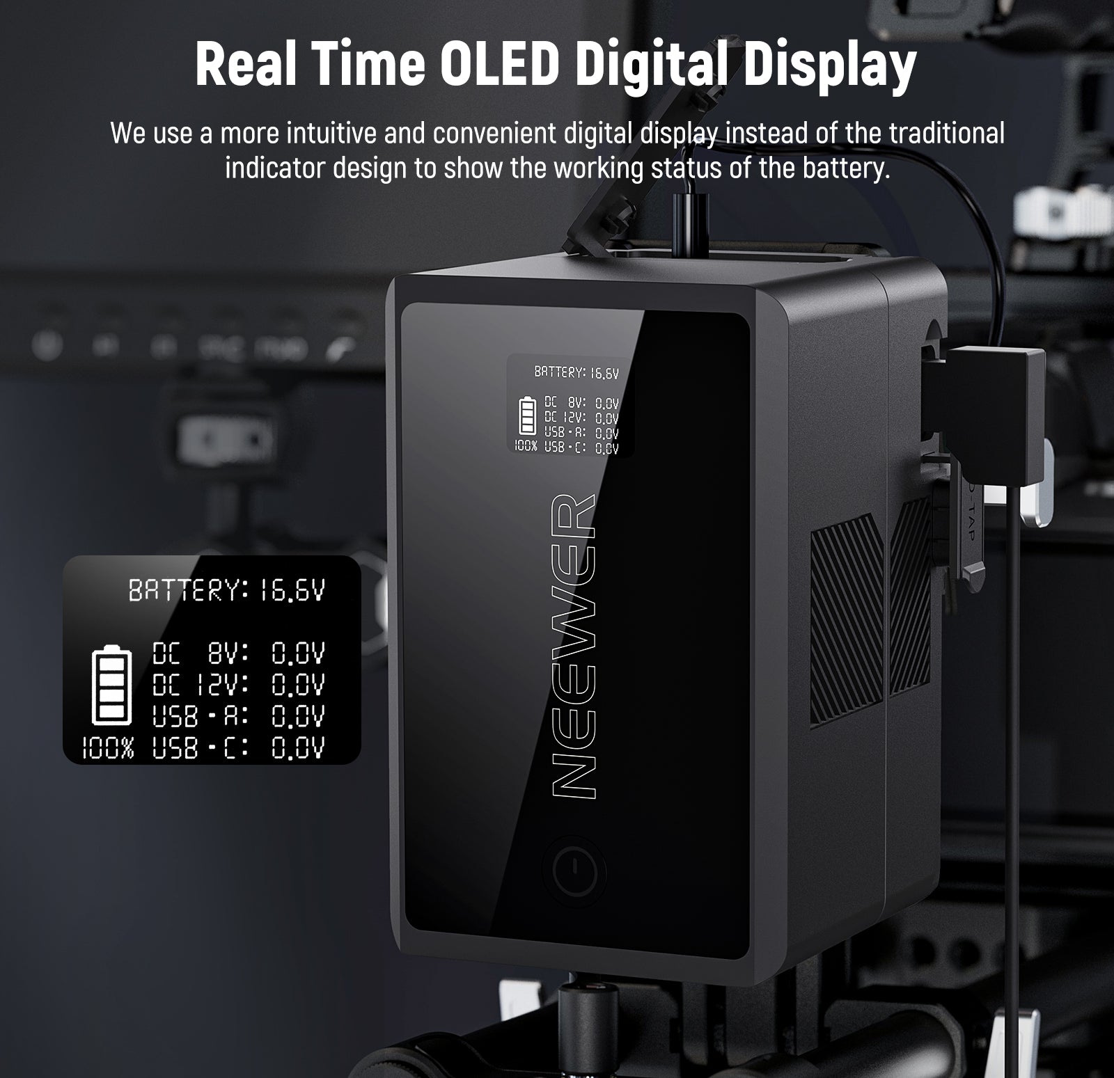 NEEWER PS150E Small V Mount Battery features a real time visible display.