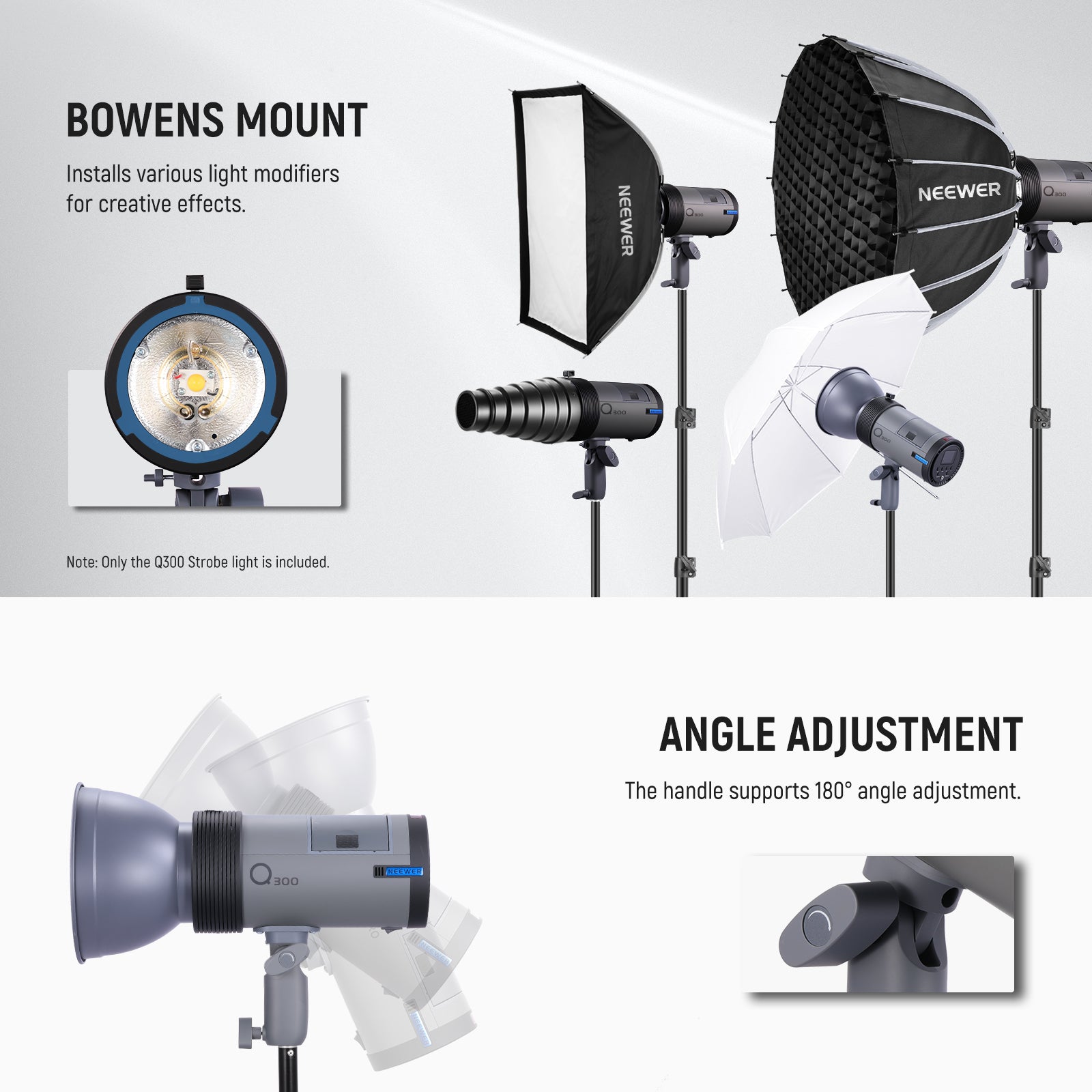 Features a standard Bowens mount that easily attaches to softboxes, umbrellas, reflectors, and other light modifiers