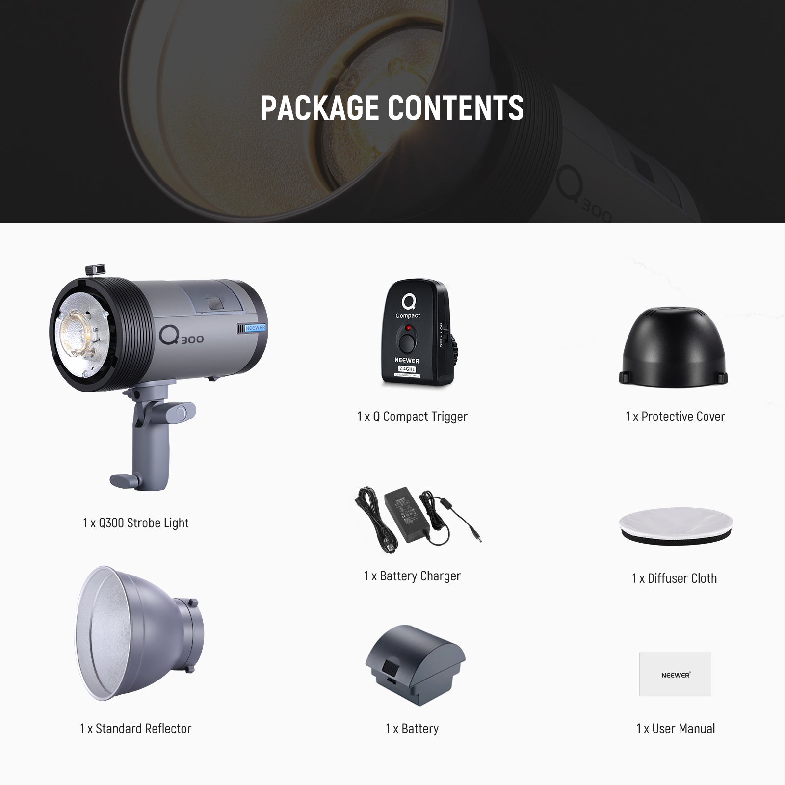 Package Contents of the NEEWER Q300 300Ws 2.4G Outdoor Strobe Flash