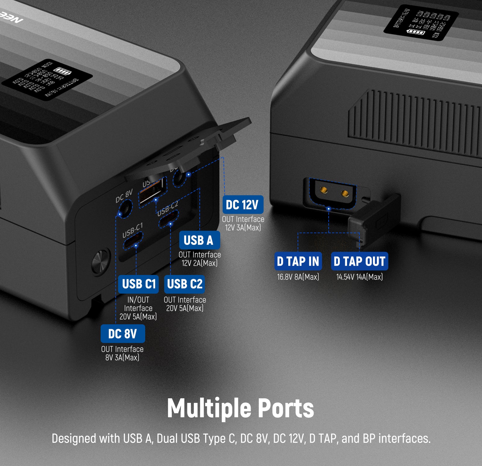 NEEWER PS099EP Mini V lock battery comes with multiple ports.