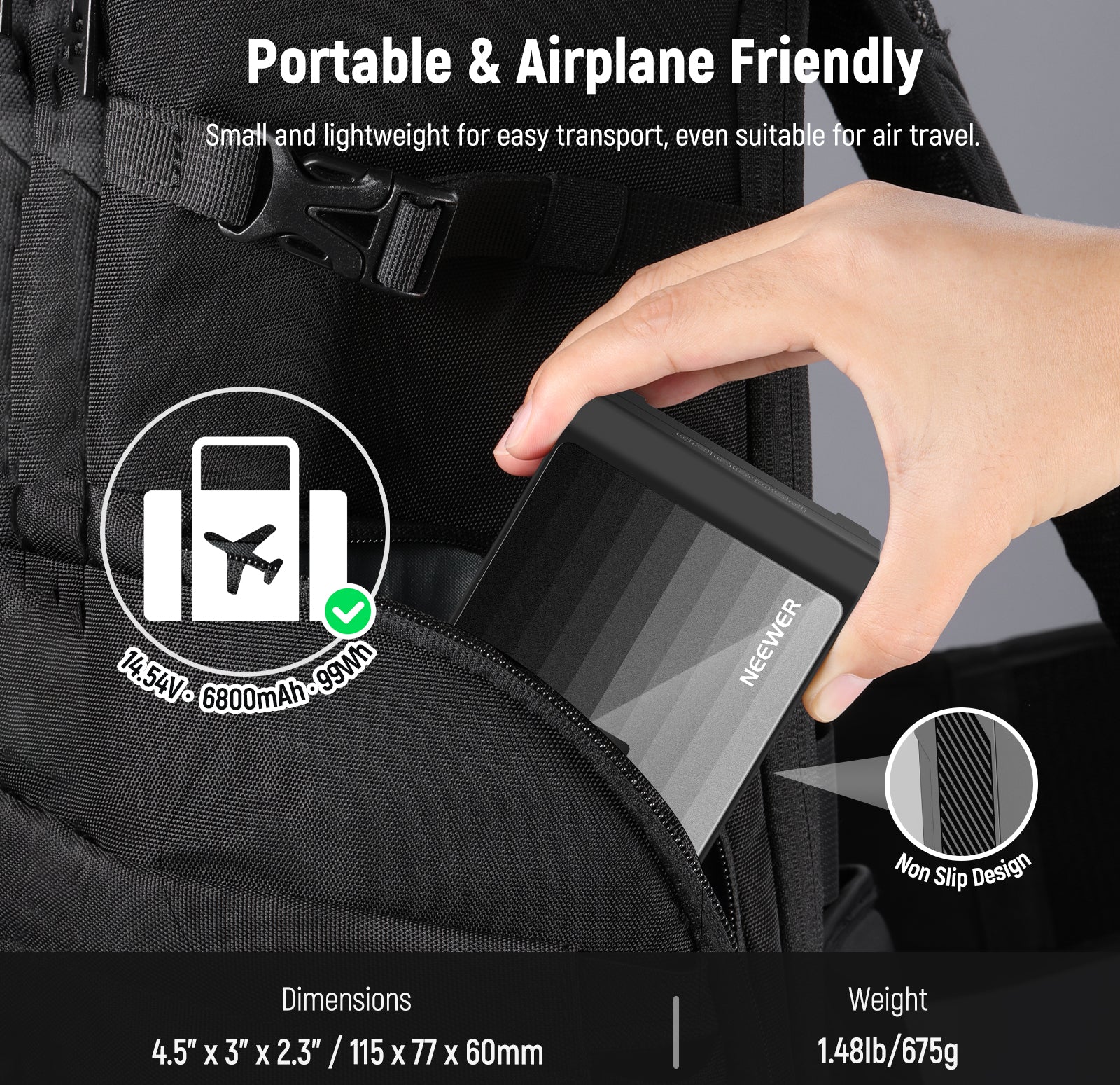 NEEWER PS099EP Mini V lock battery is airplane friendly.