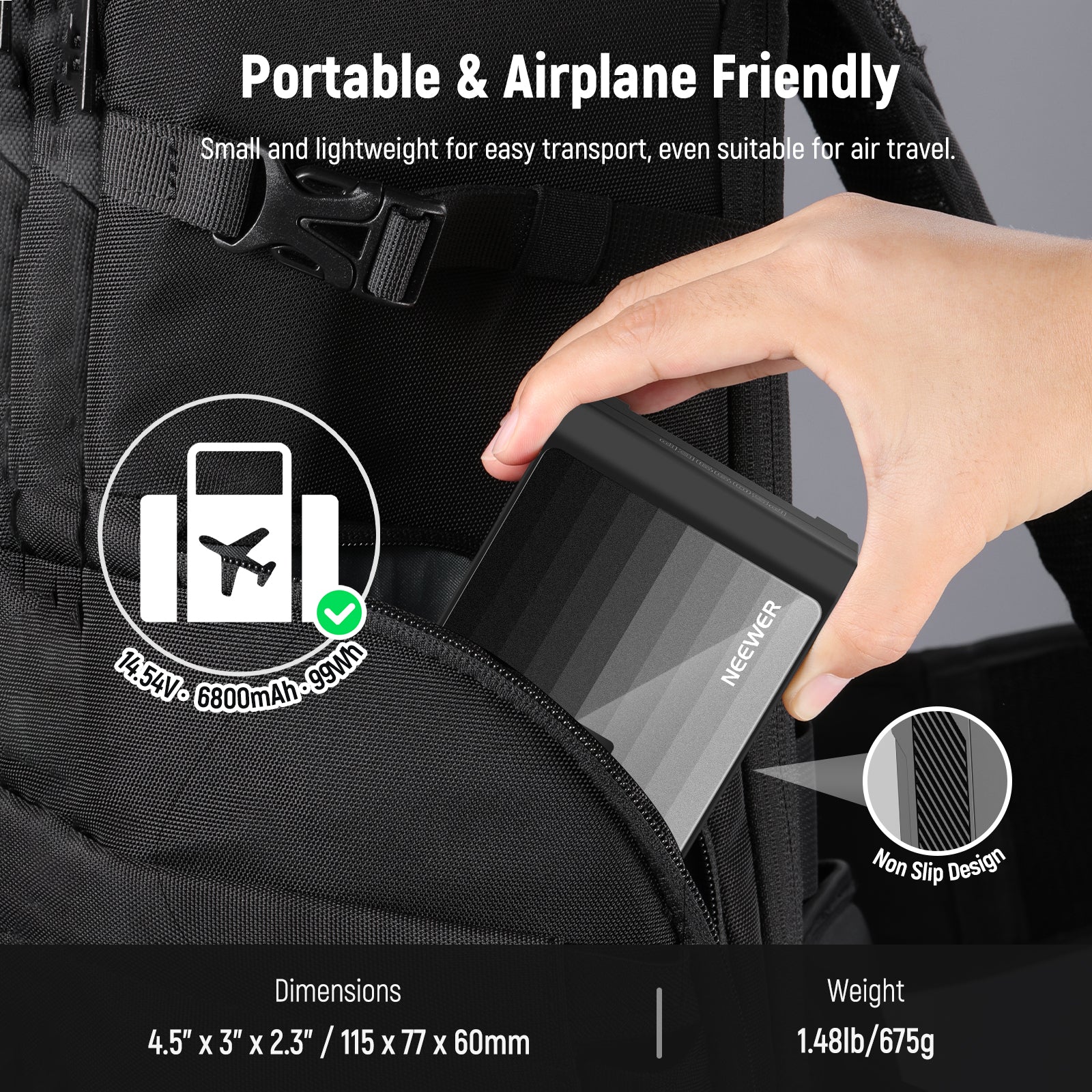 NEEWER PS099EP Mini V lock battery is airplane friendly.