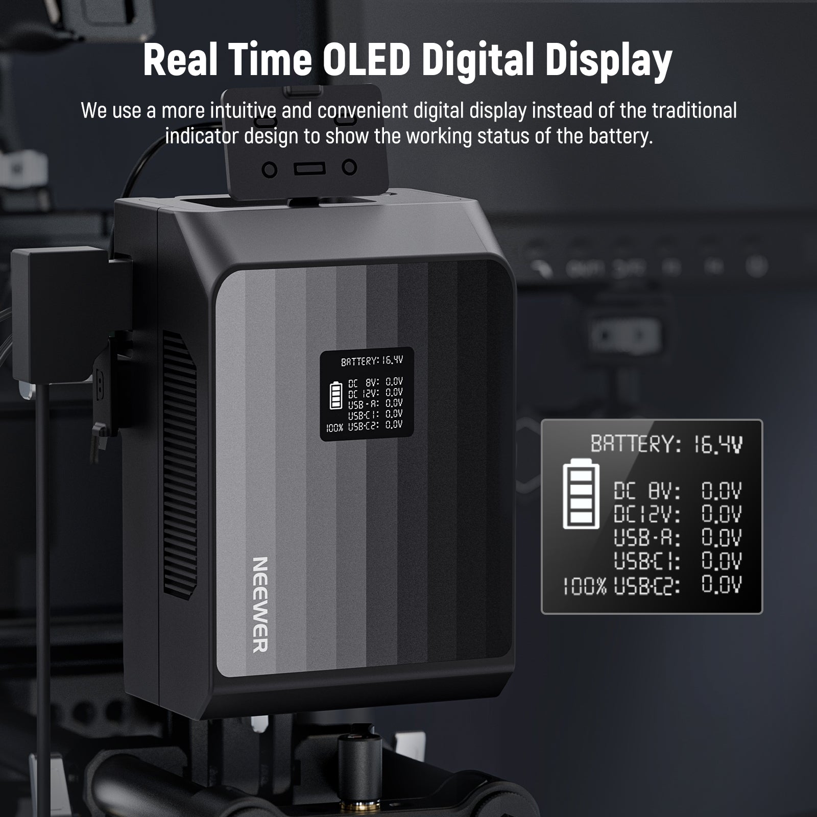 The OLED screen provides real time battery status all at a glance