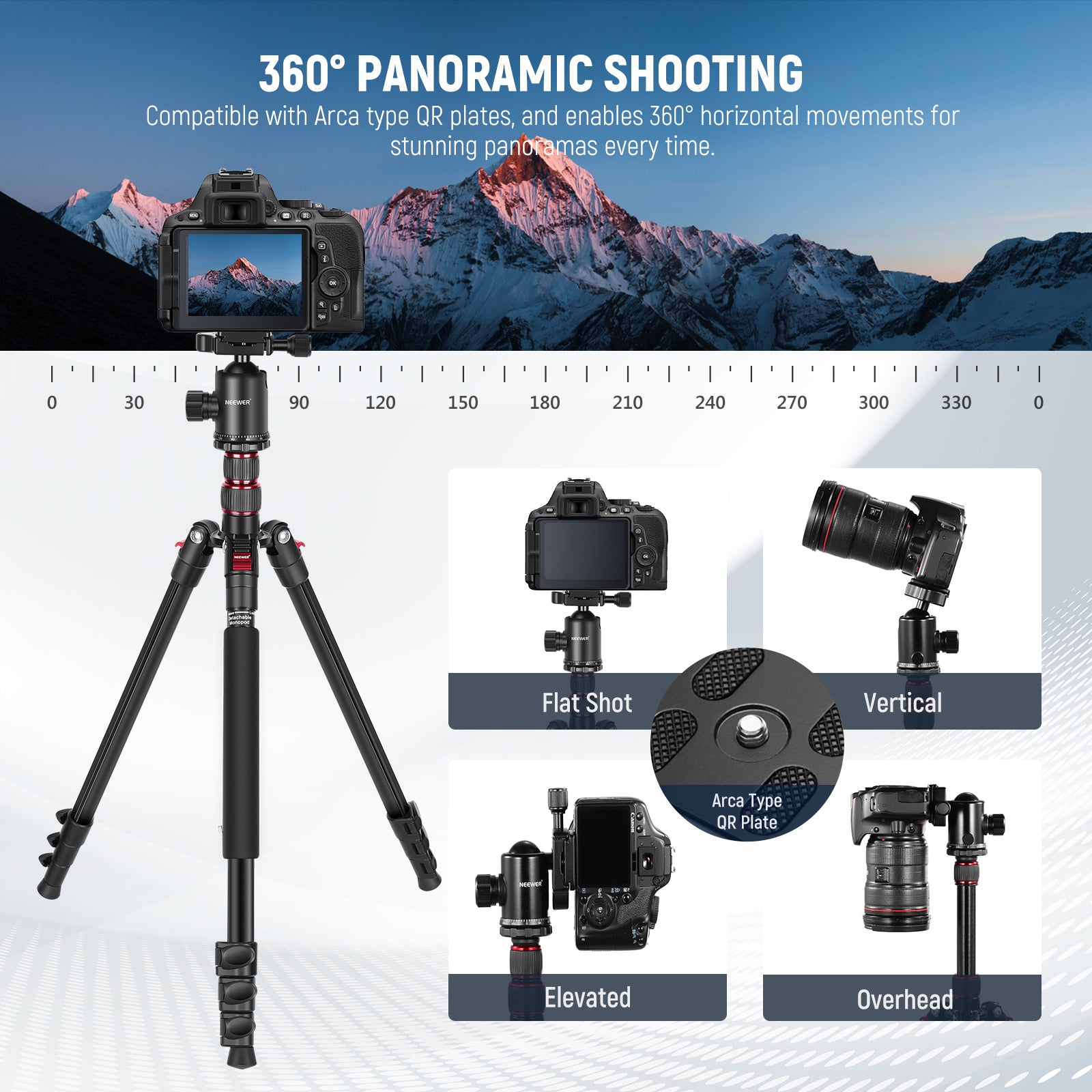 NEEWER TP77 Aluminum Alloy Camera Tripod is ideal for 360° panoramic shooting.