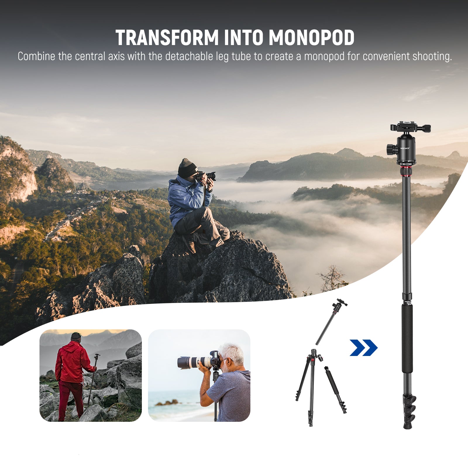 NEEWER TP77 Aluminum Alloy Camera Tripod can transform into monopod.