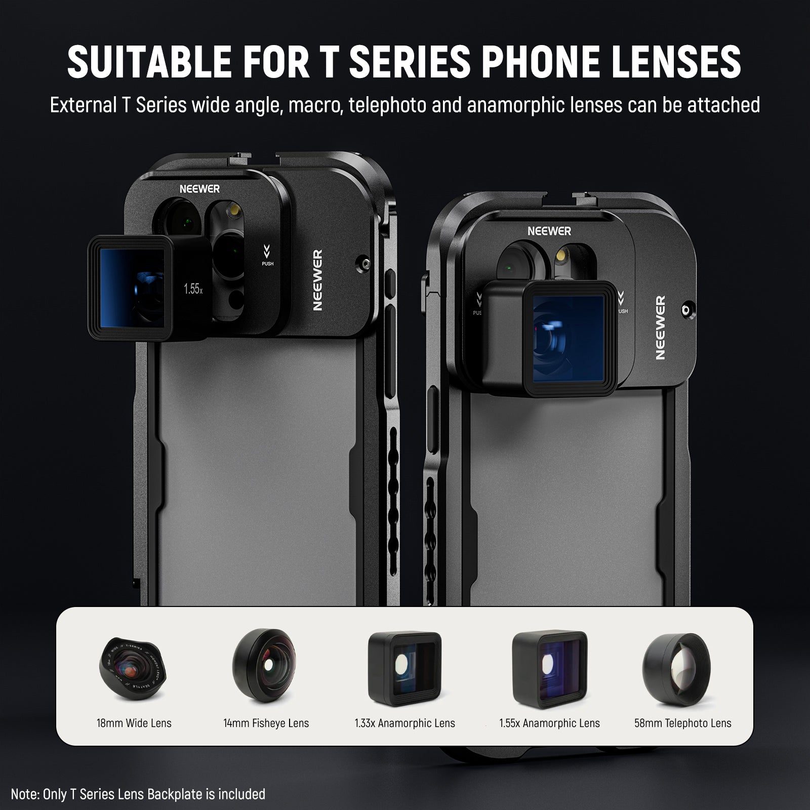 NEEWER PA034 T-Series Lens Mount for iPhone Cage is compatible with Moment T Series lenses.