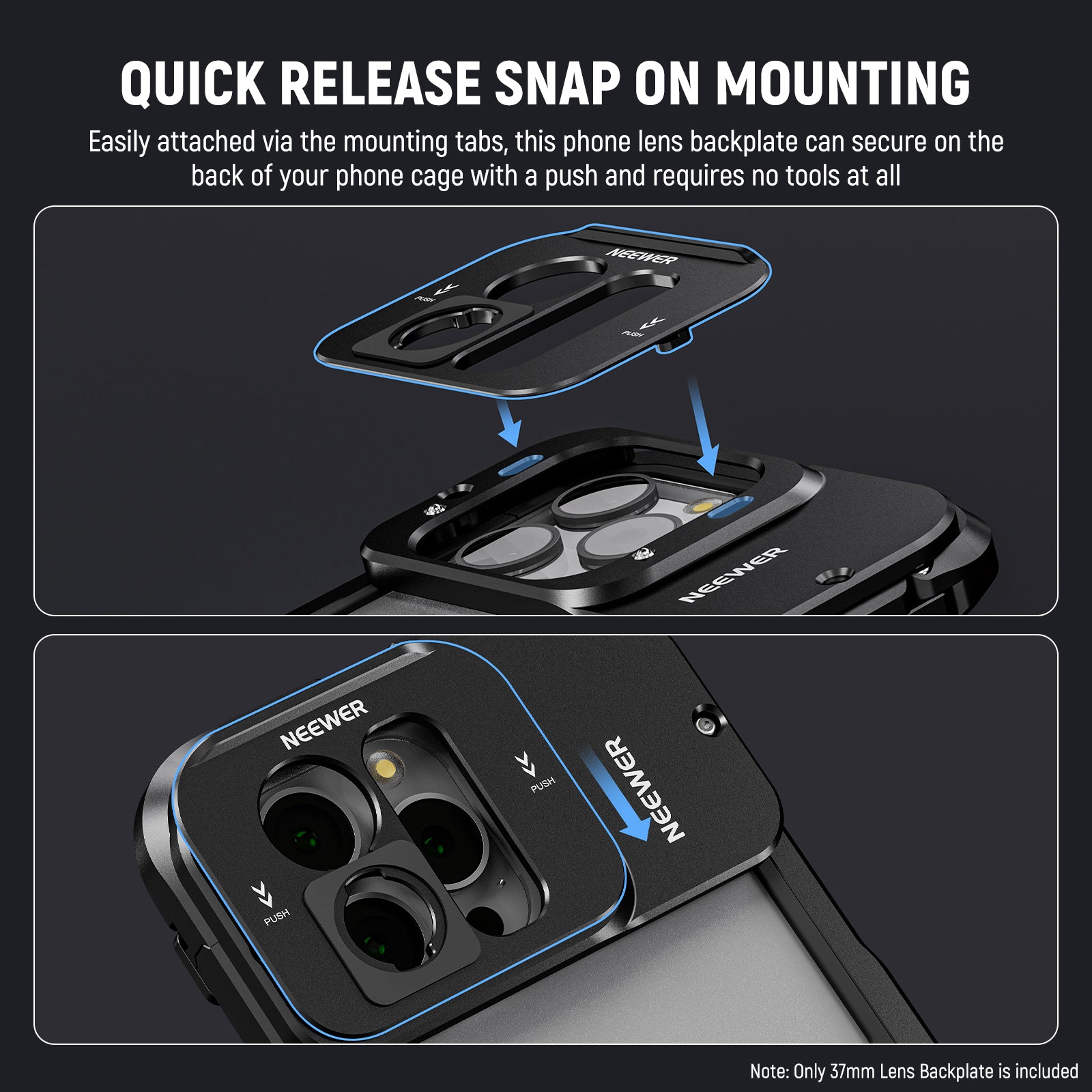 This phone lens backplate can secure on the back of your phone cage.