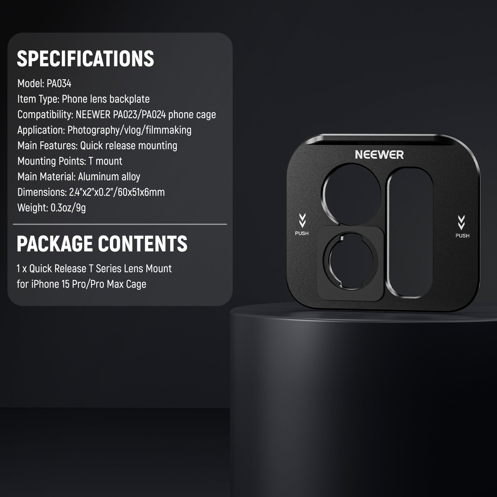 Specifications of the NEEWER PA034 T-Series Lens Mount for iPhone Cage