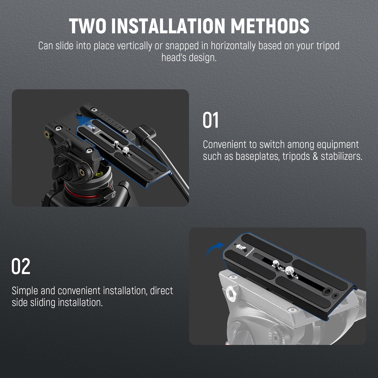 NEEWER QR6 Quick Release Plate For 501PL 504PL offers 2 ways to install.