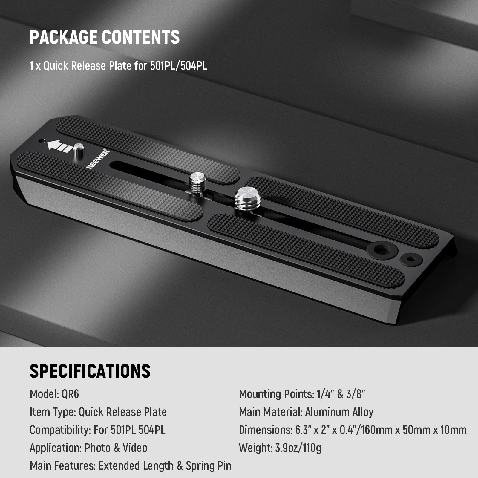 Package Contents of the NEEWER QR6 Quick Release Plate
