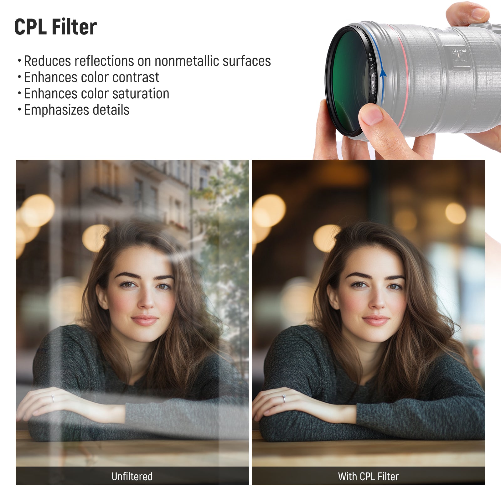 The CPL (circular polarizing) filter eliminates reflections on nonmetallic surfaces