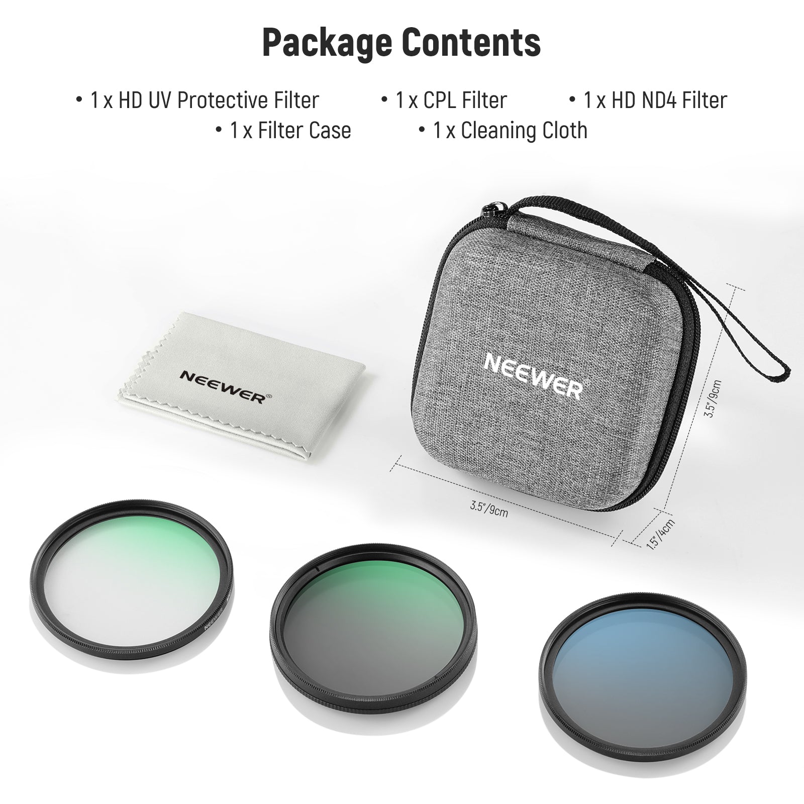 Package Contents of the NEEWER Lens Filter Kit (ND4+CPL+UV Lens Filter)