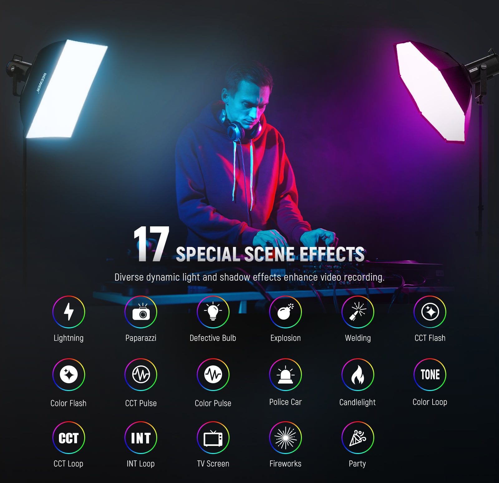 NEEWER CB200C Powerful RGB COB LED Video Light offers 17 special scene effects.