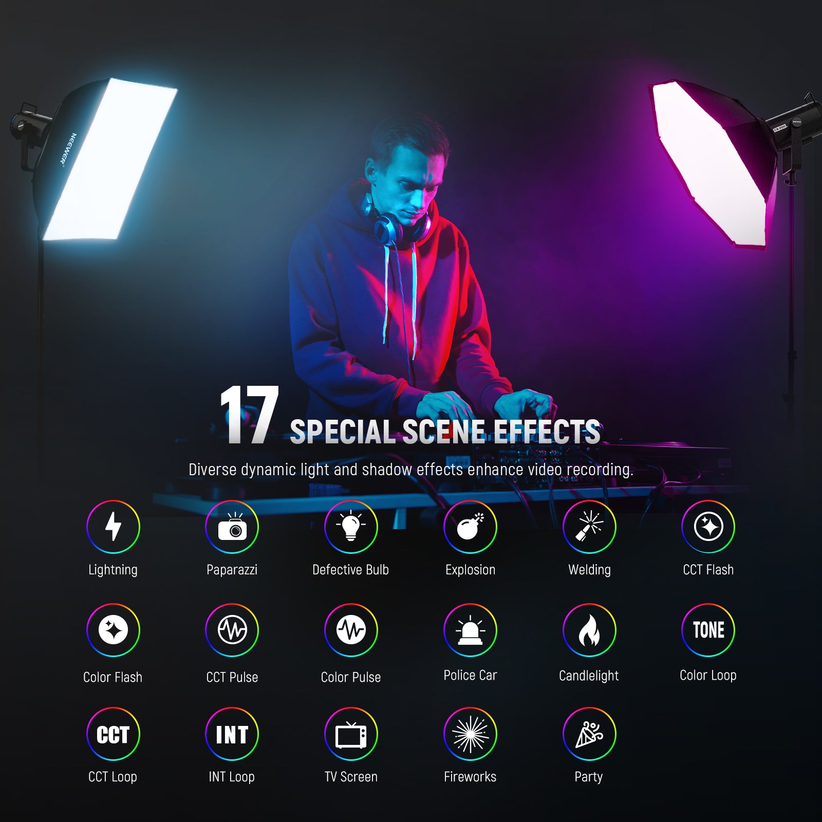 NEEWER CB200C Powerful RGB COB LED Video Light offers 17 special scene effects.
