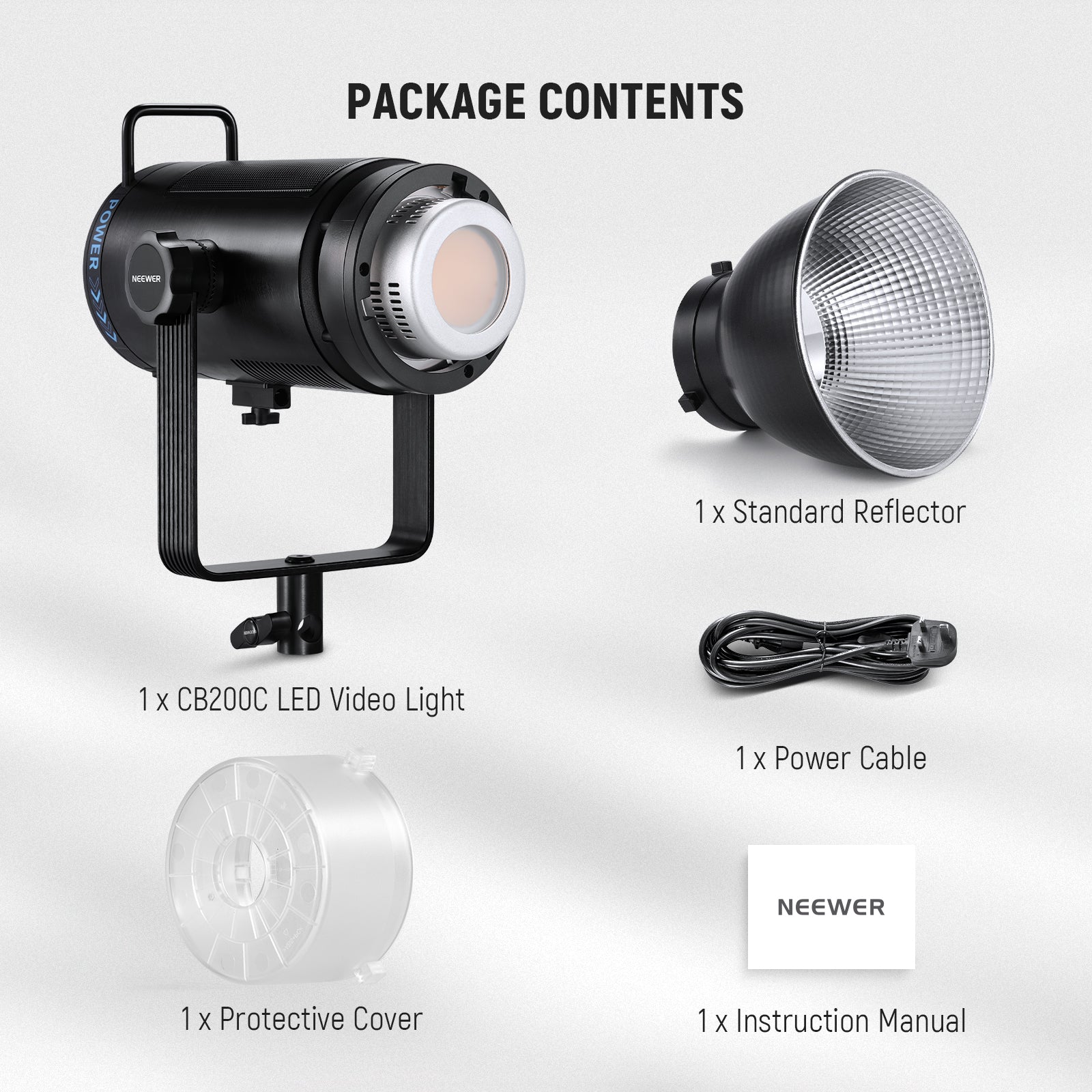 Package Contents of the NEEWER CB200C 200W RGB LED Video Light