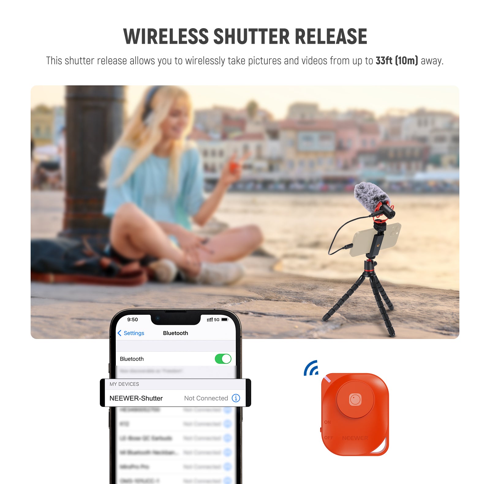 NEEWER T72 Flexible Mini Phone Tripod kit includes a Bluetooth shutter release to trigger afar