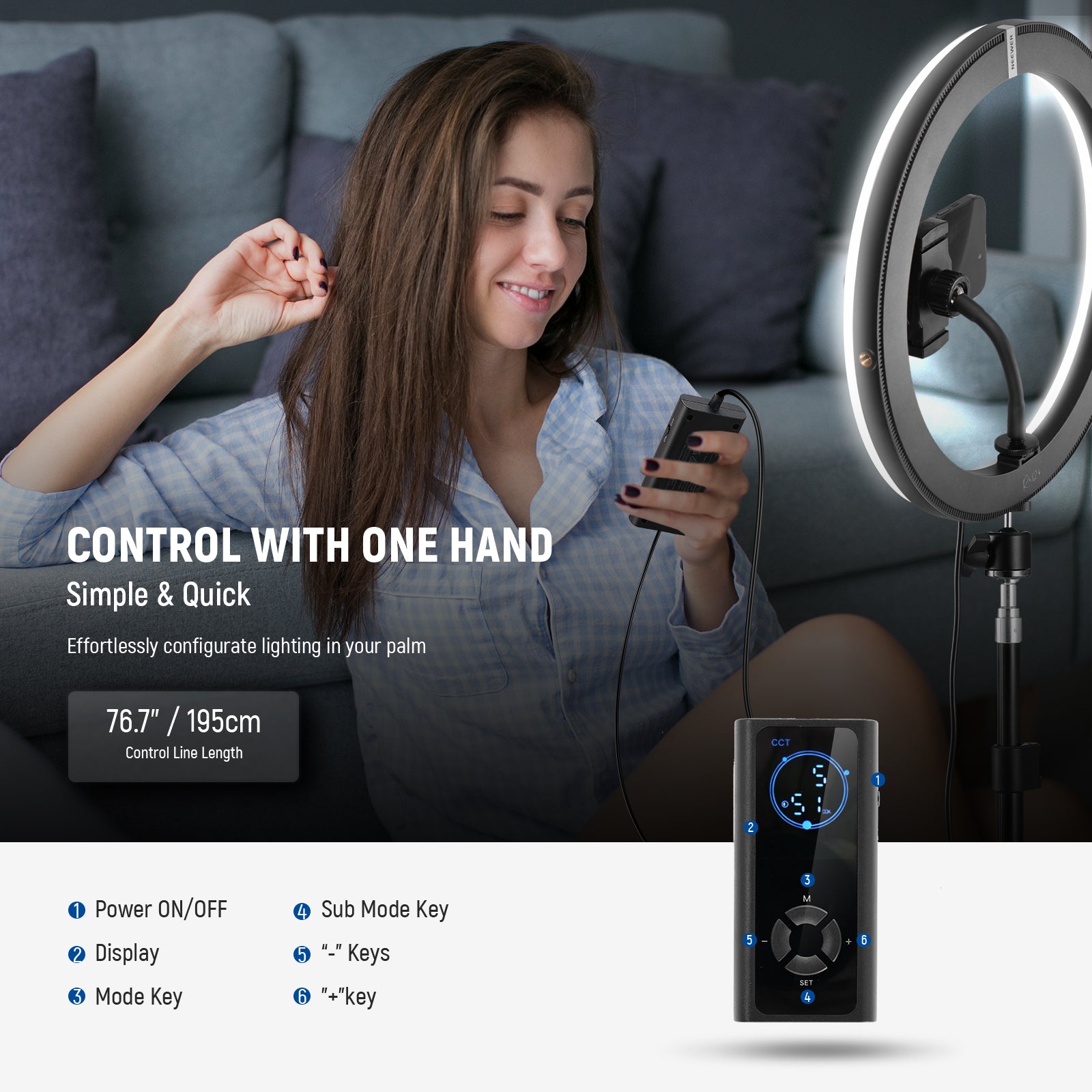 NEEWER RGB18 II Large Ring Light can be controlled with one hand.