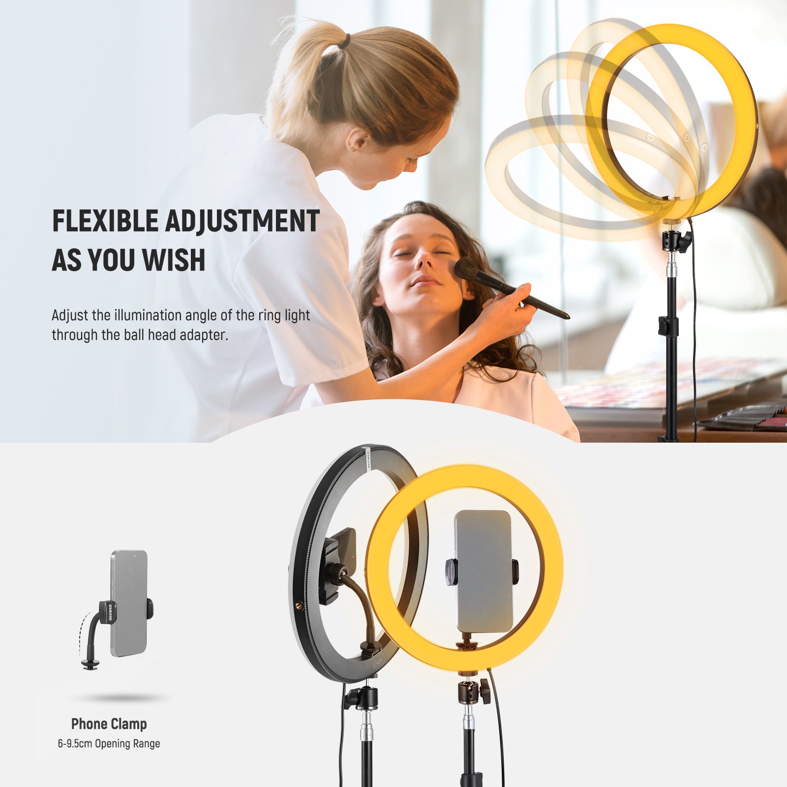 NEEWER RH12B Bi Color LED Ring Light Kit is flexible to adjust the illumination angle.