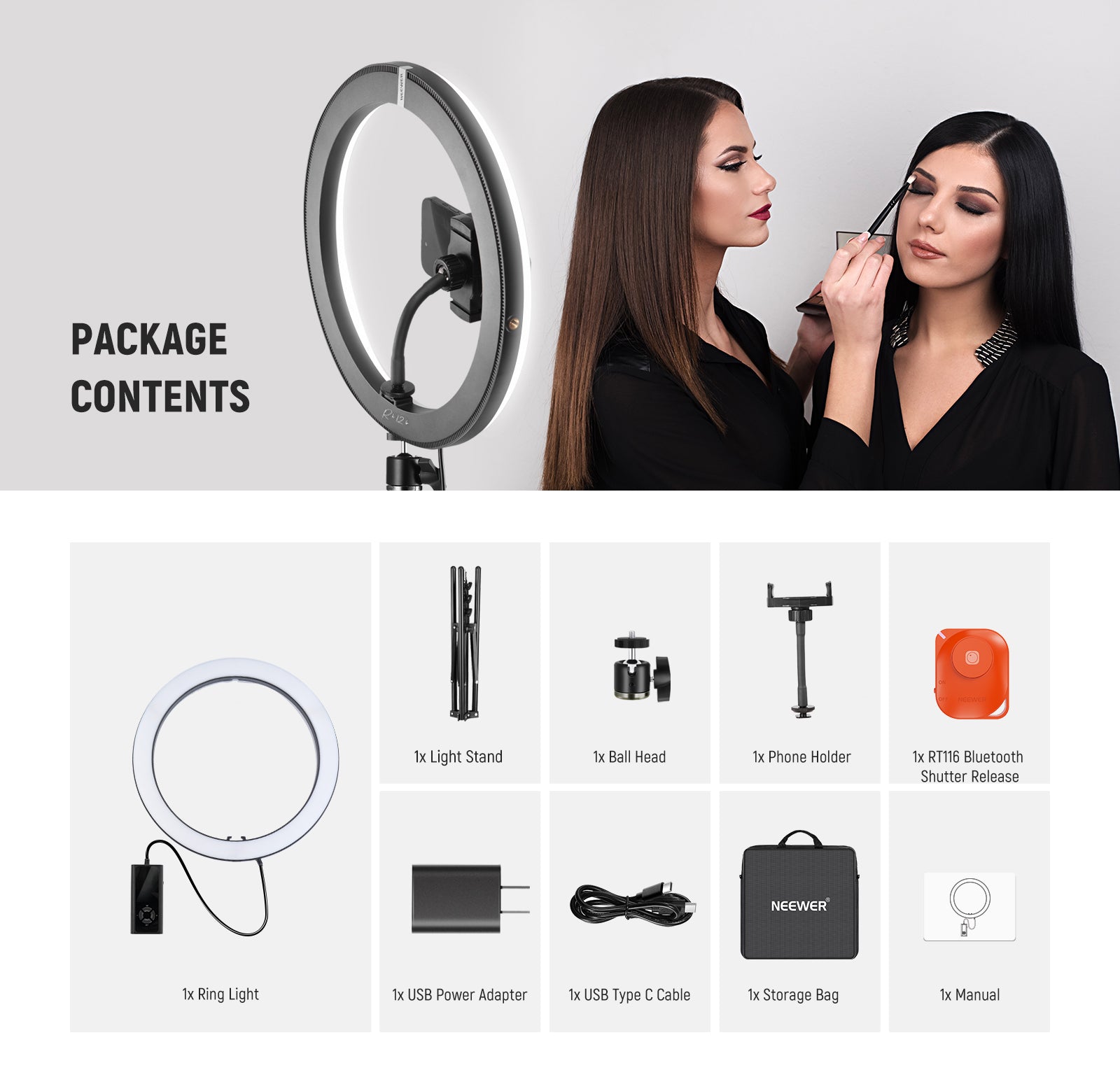Package Contents of the NEEWER RH12B Bi Color LED Ring Light Kit