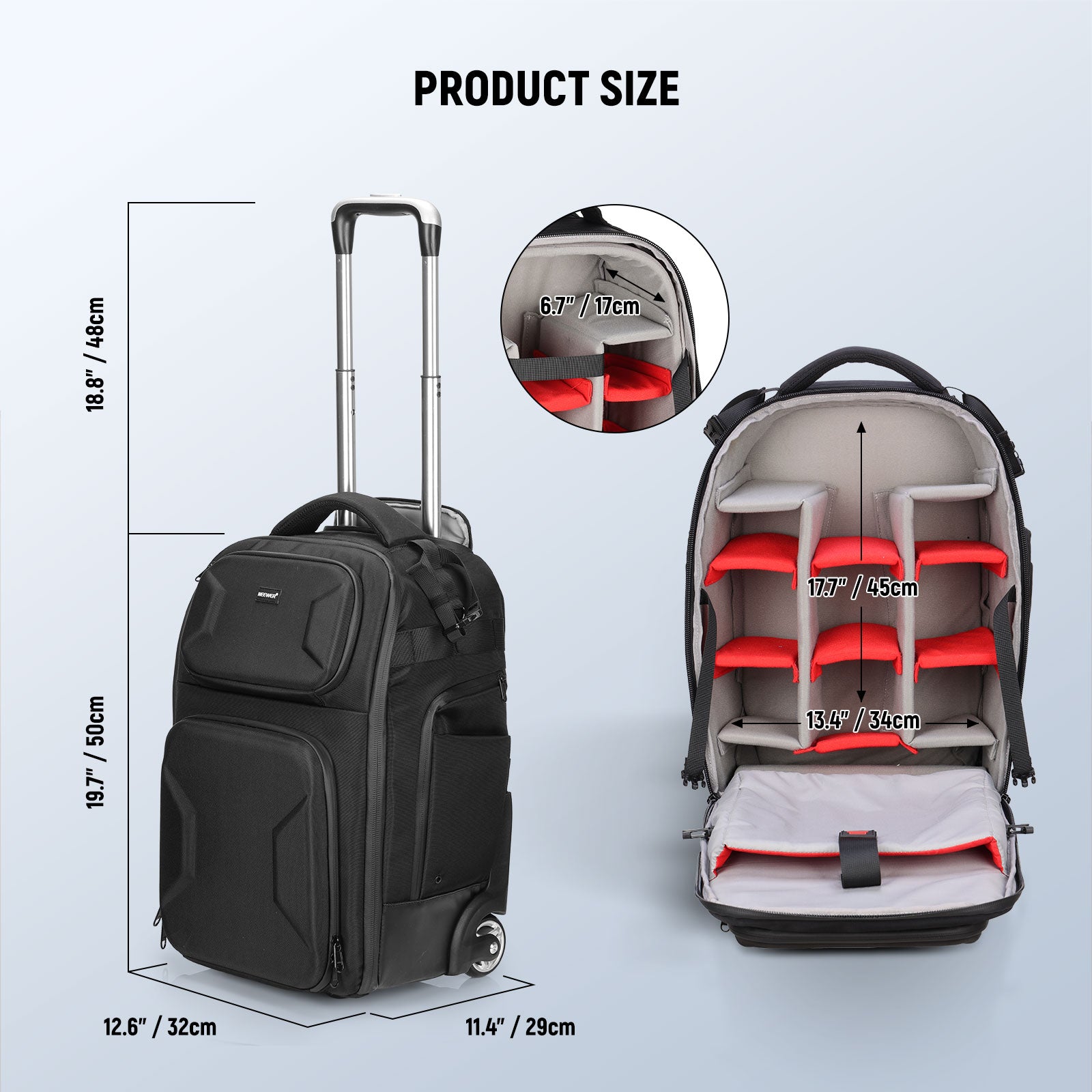 Product dimensions of the NEEWER PB027 Carry On Camera Roller Bag