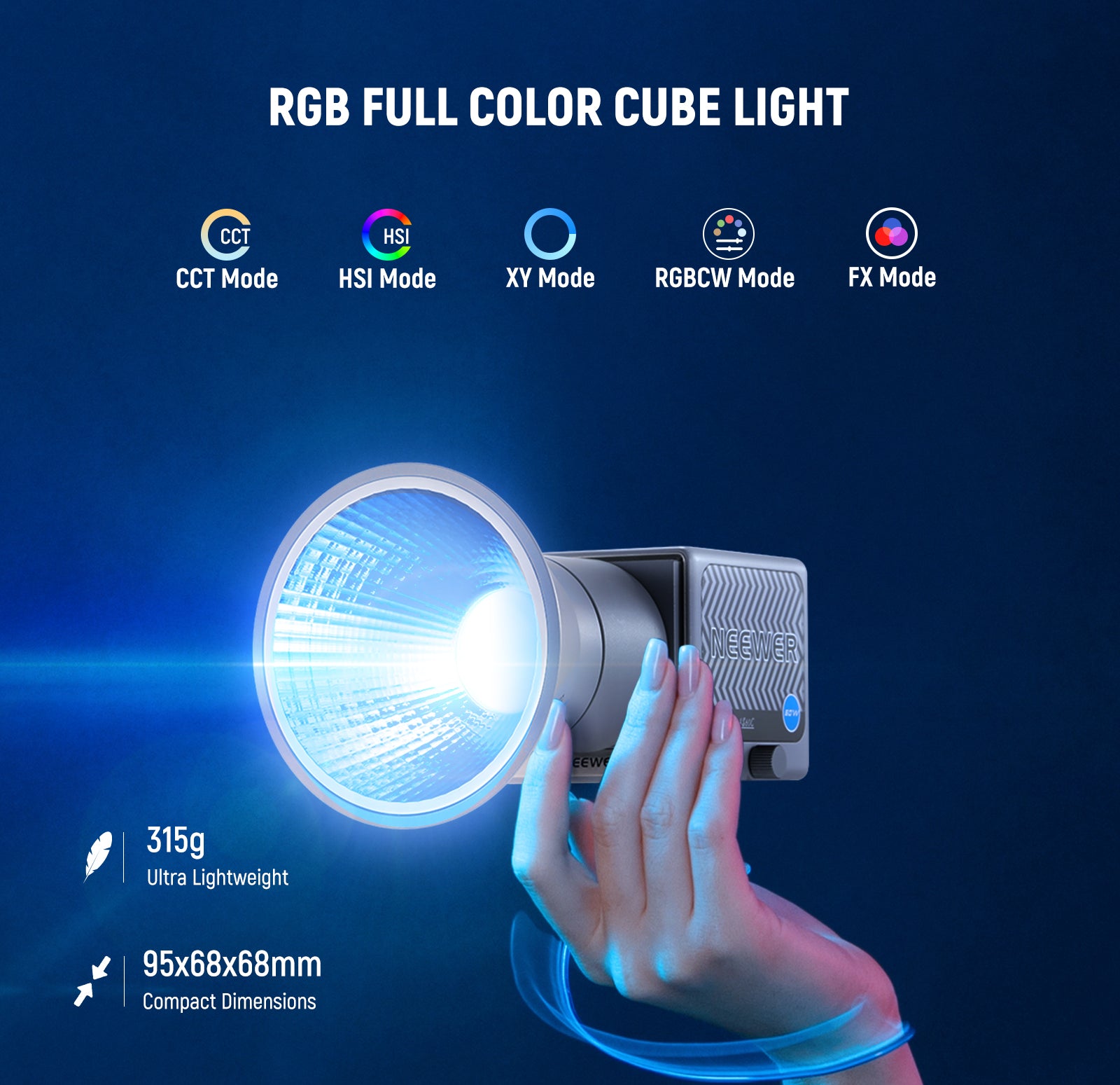 NEEWER HS60C Portable LED Video Light allows CCT/HSI/XY/RGBCW/FX lighting modes