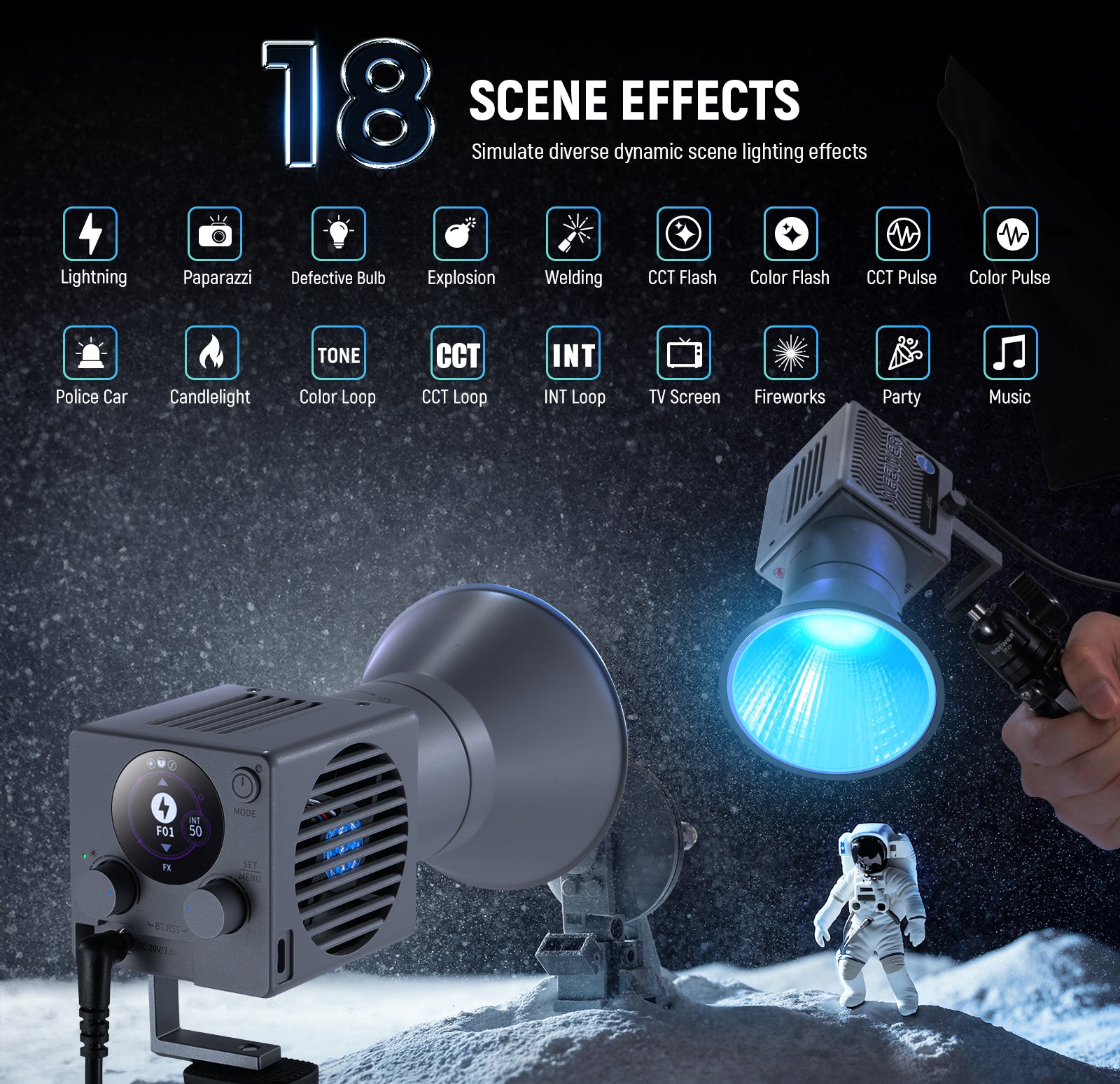 NEEWER HS60C Mini RGB Light offers 18 scene effects.