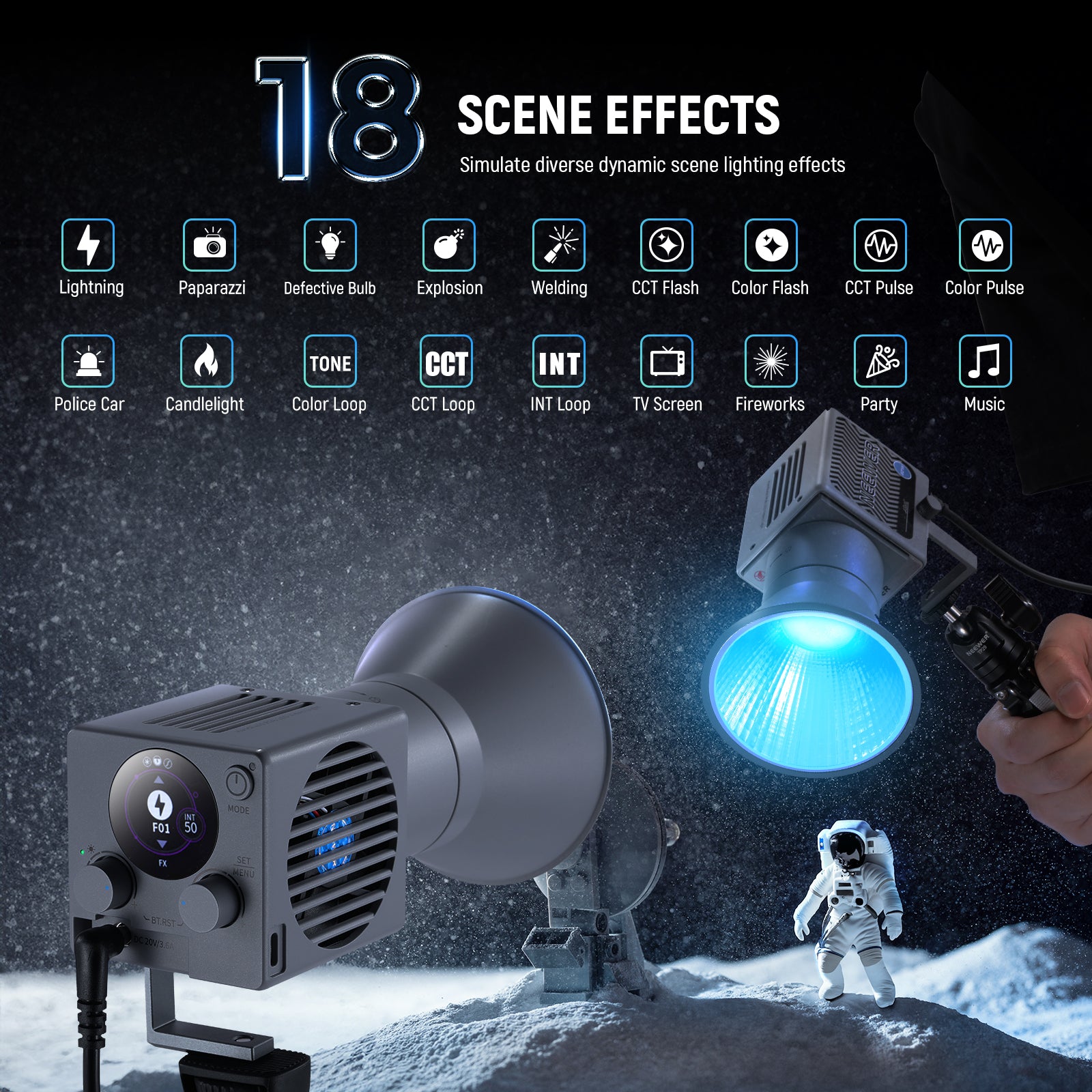 NEEWER HS60C Mini RGB Light offers 18 scene effects.