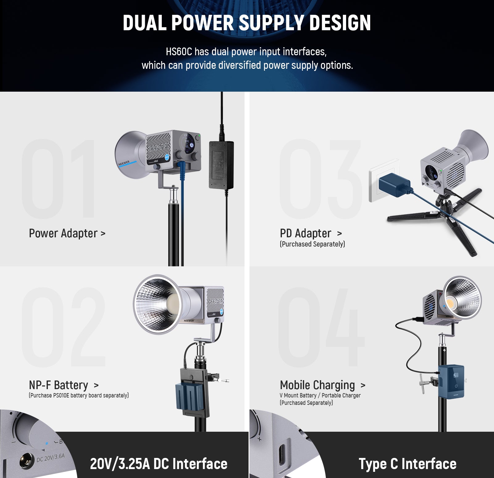 NEEWER HS60C Portable LED Video Light features dual power supply design