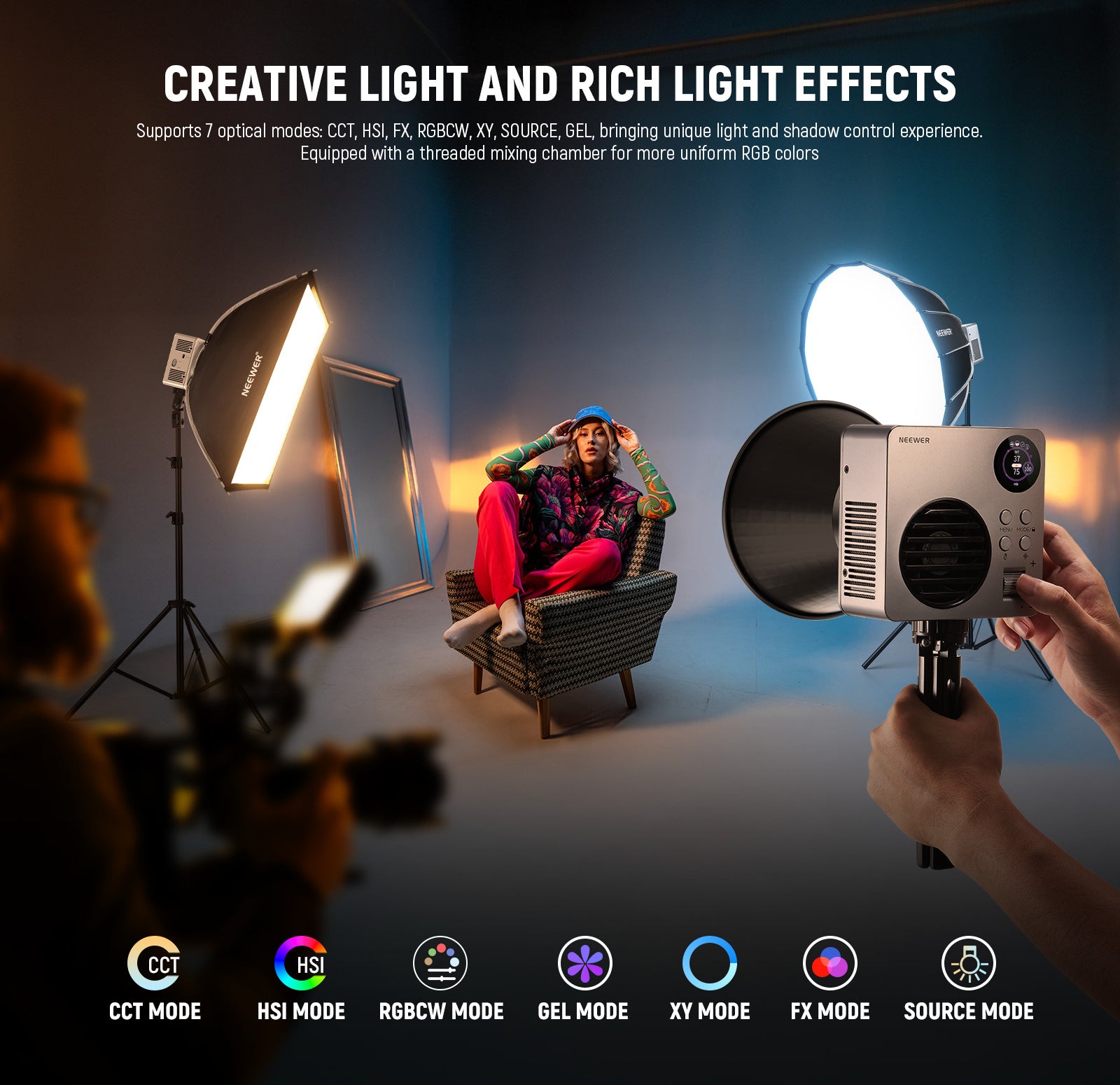 NEEWER HB80C 80W RGBWW Mini COB LED Video Light supports 7 optical modes.