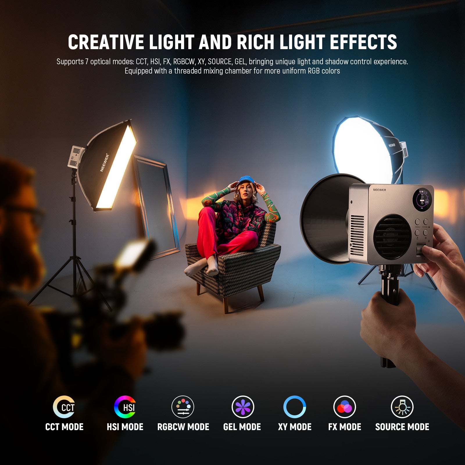 NEEWER HB80C 80W RGBWW Mini COB LED Video Light supports 7 optical modes.