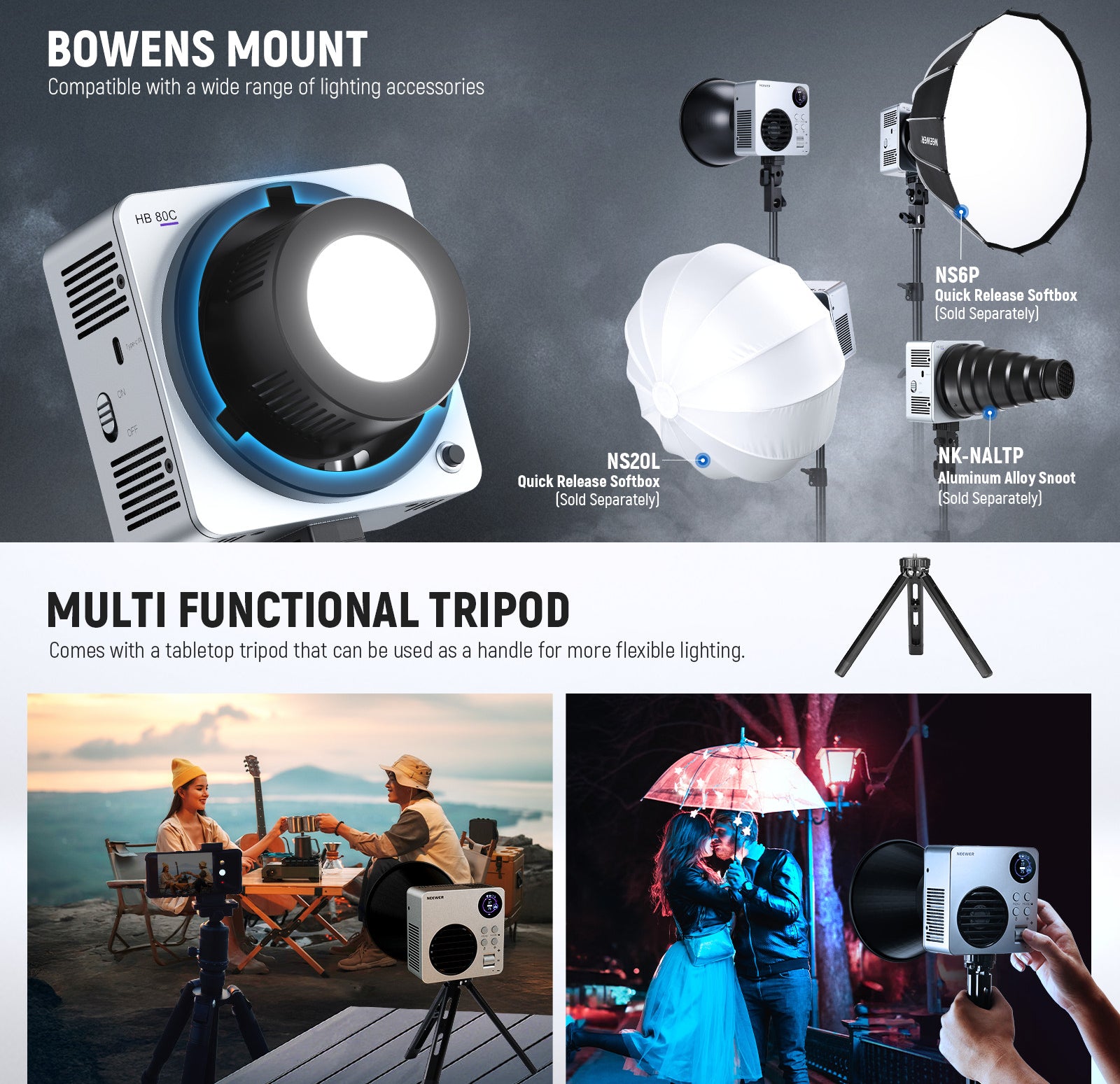 Bowens mount and umbrella socket can connect softboxes