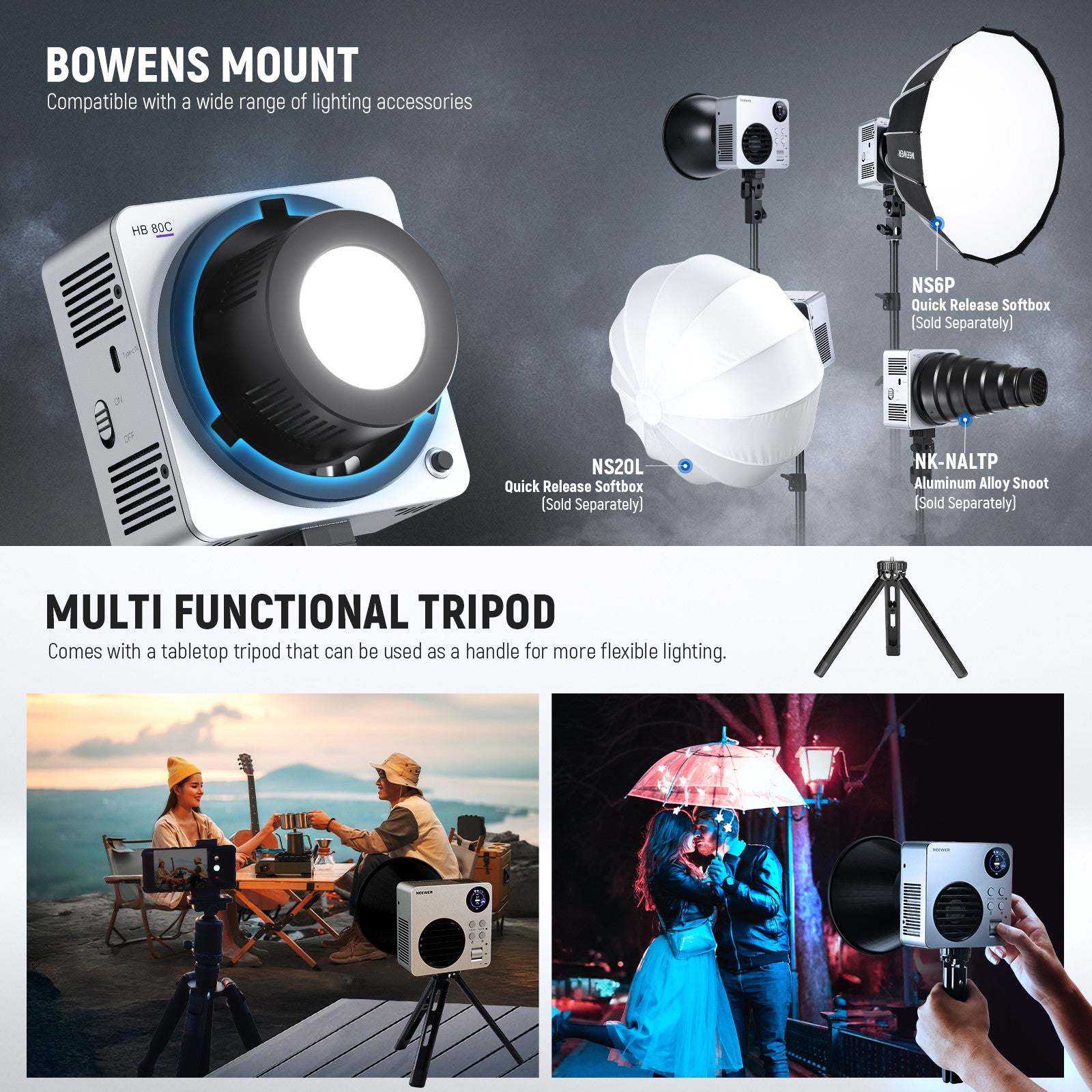 Bowens mount and umbrella socket can connect softboxes