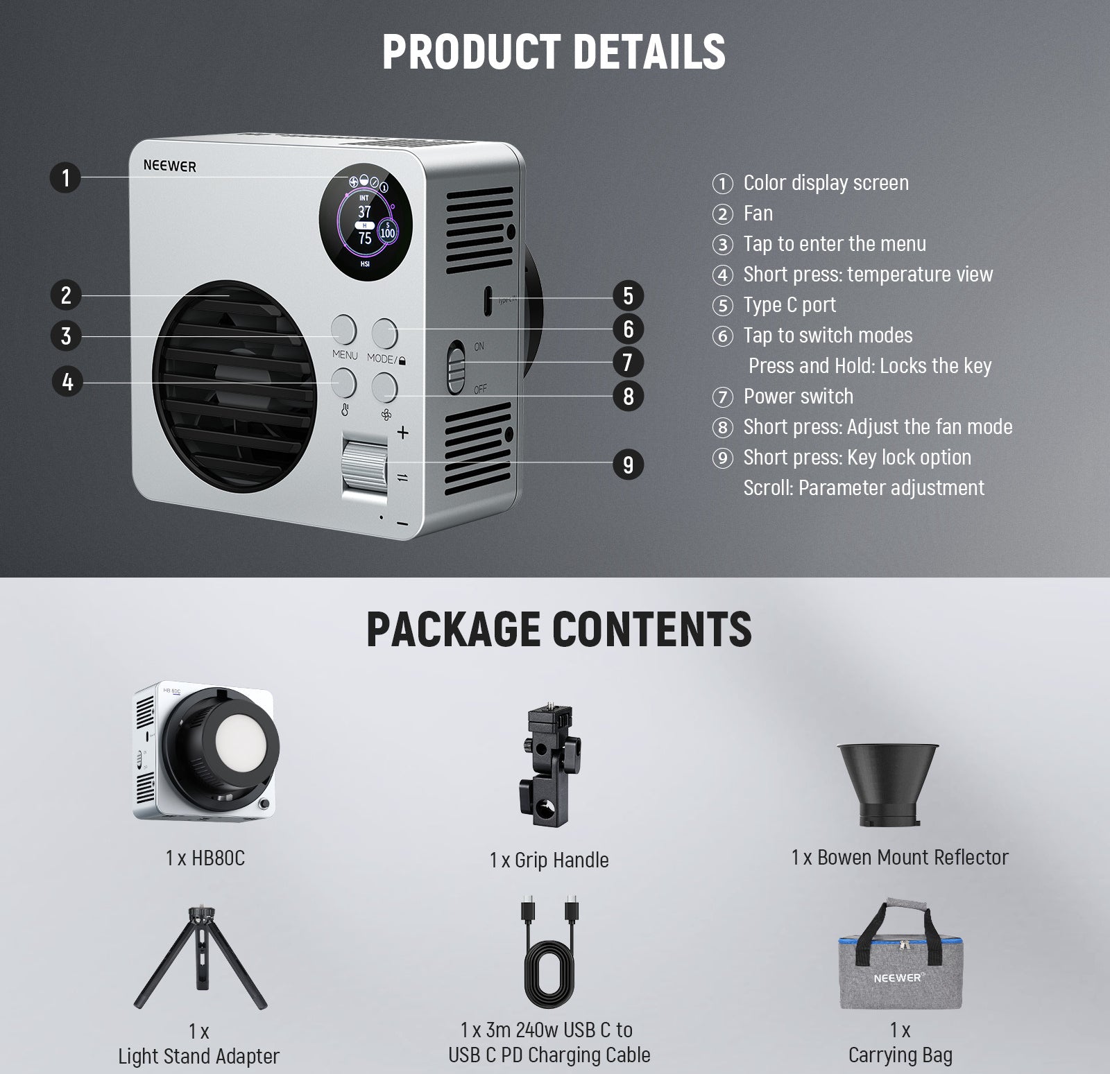 Package Contents of the NEEWER HB80C Mini COB LED Video Light