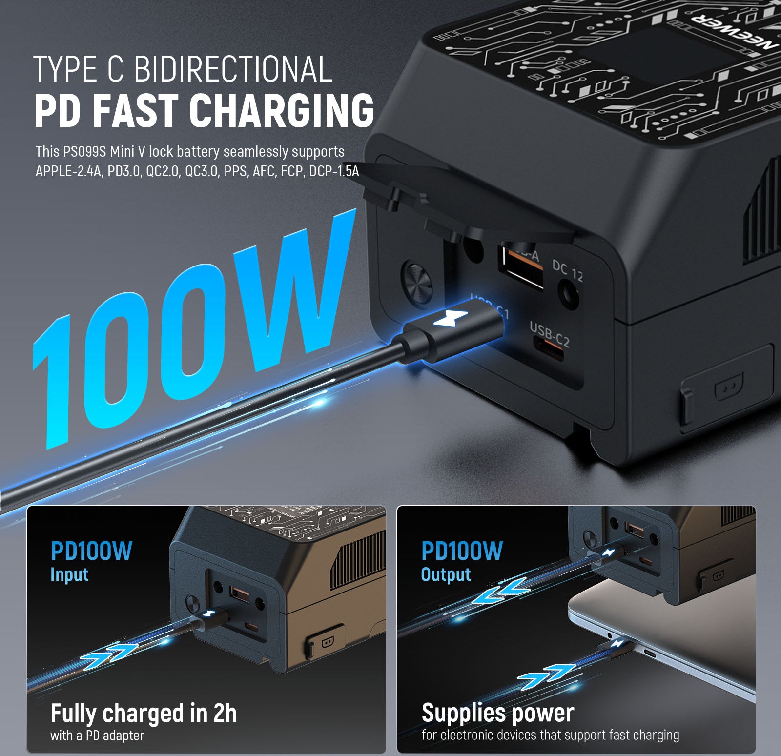 This PS099S Mini V lock battery seamlessly supports APPLE-2.4A, PD3.0, QC2.0, QC3.0, PPS, AFC, FCP, DCP-1.5A