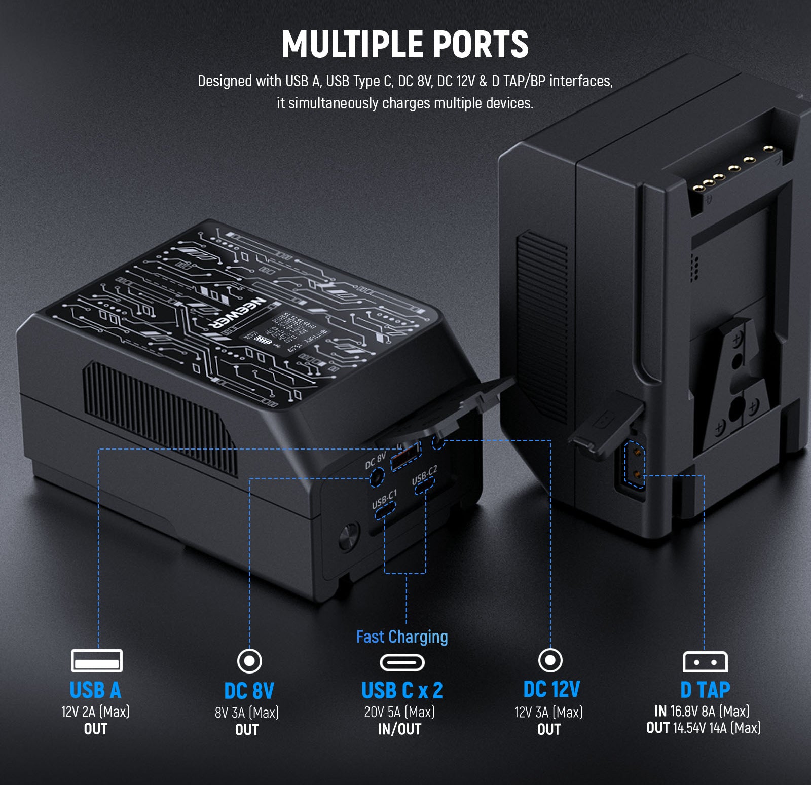NEEWER PS099S APP Control V Mount Battery is designed with multiple ports.