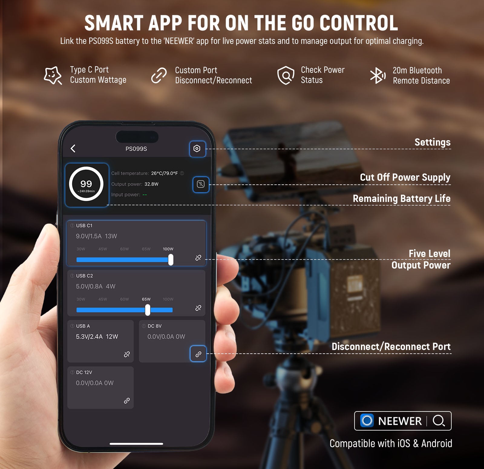 Connect the PS099S V mount battery to the 'NEEWER' app to view real time input and output power levels