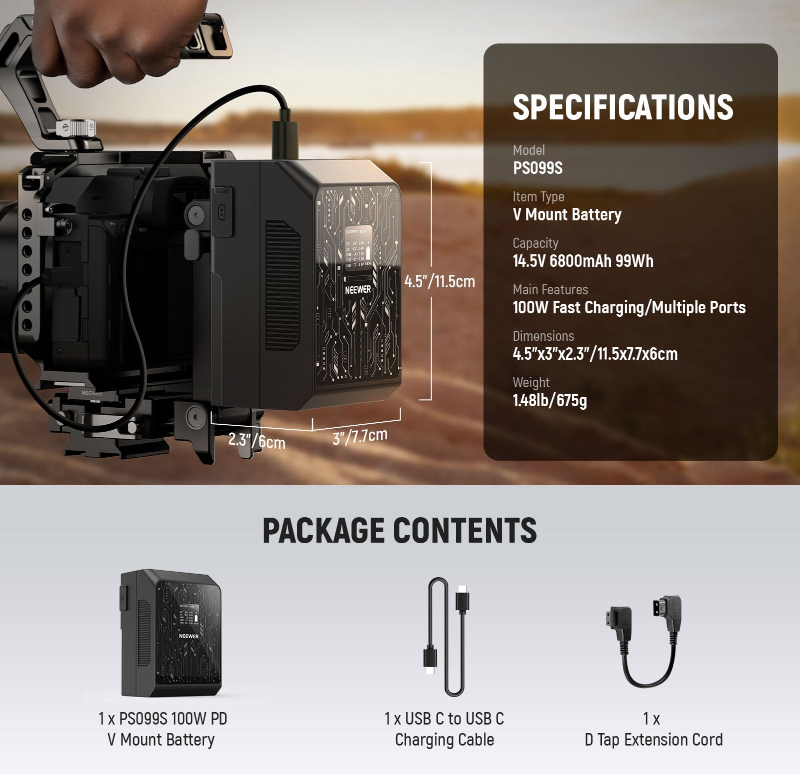 Package Contents of the NEEWER PS099S APP Control V Mount Battery Kit