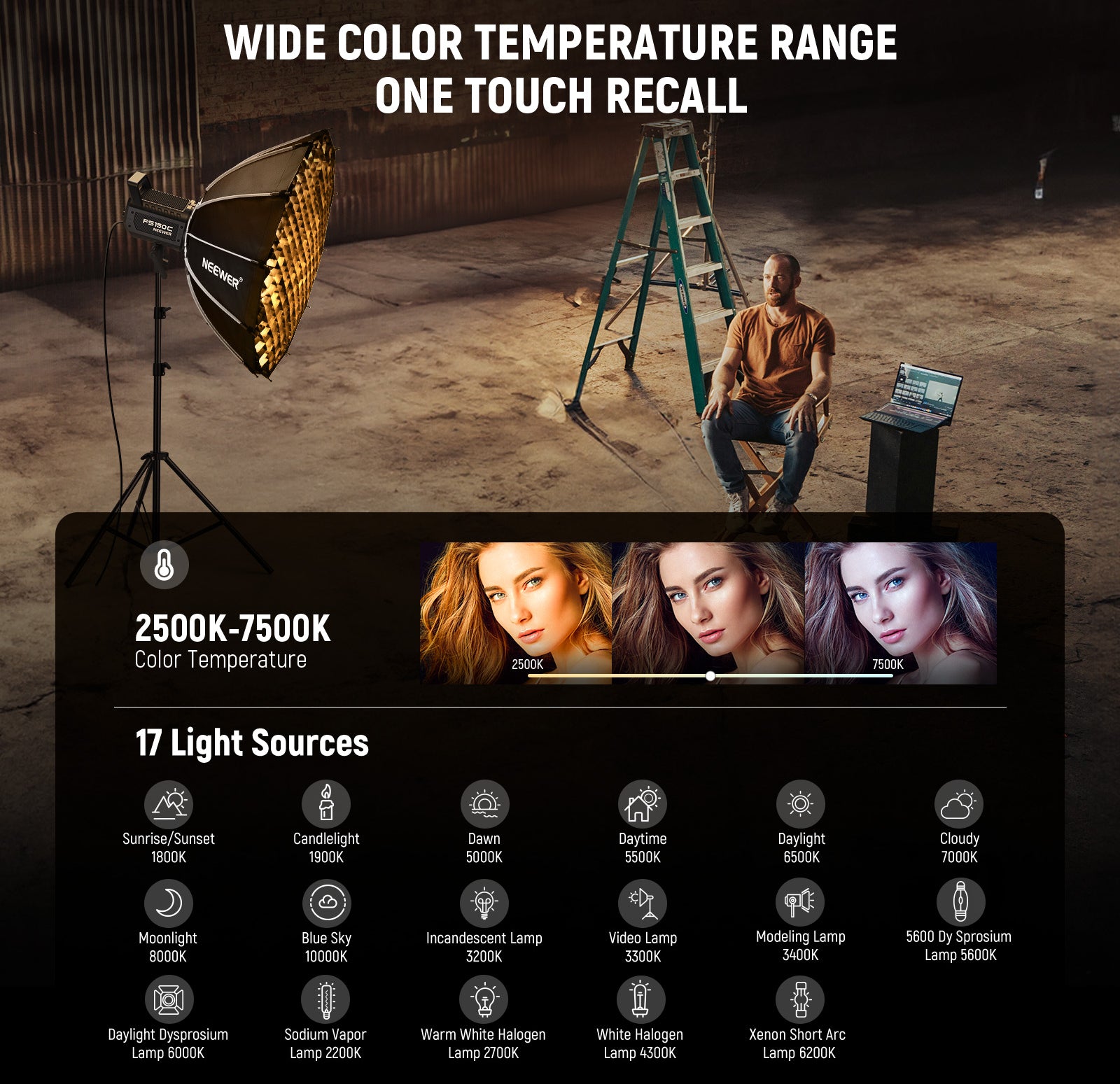 NEEWER FS150C RGB LED Video Light has wide color temperature range.