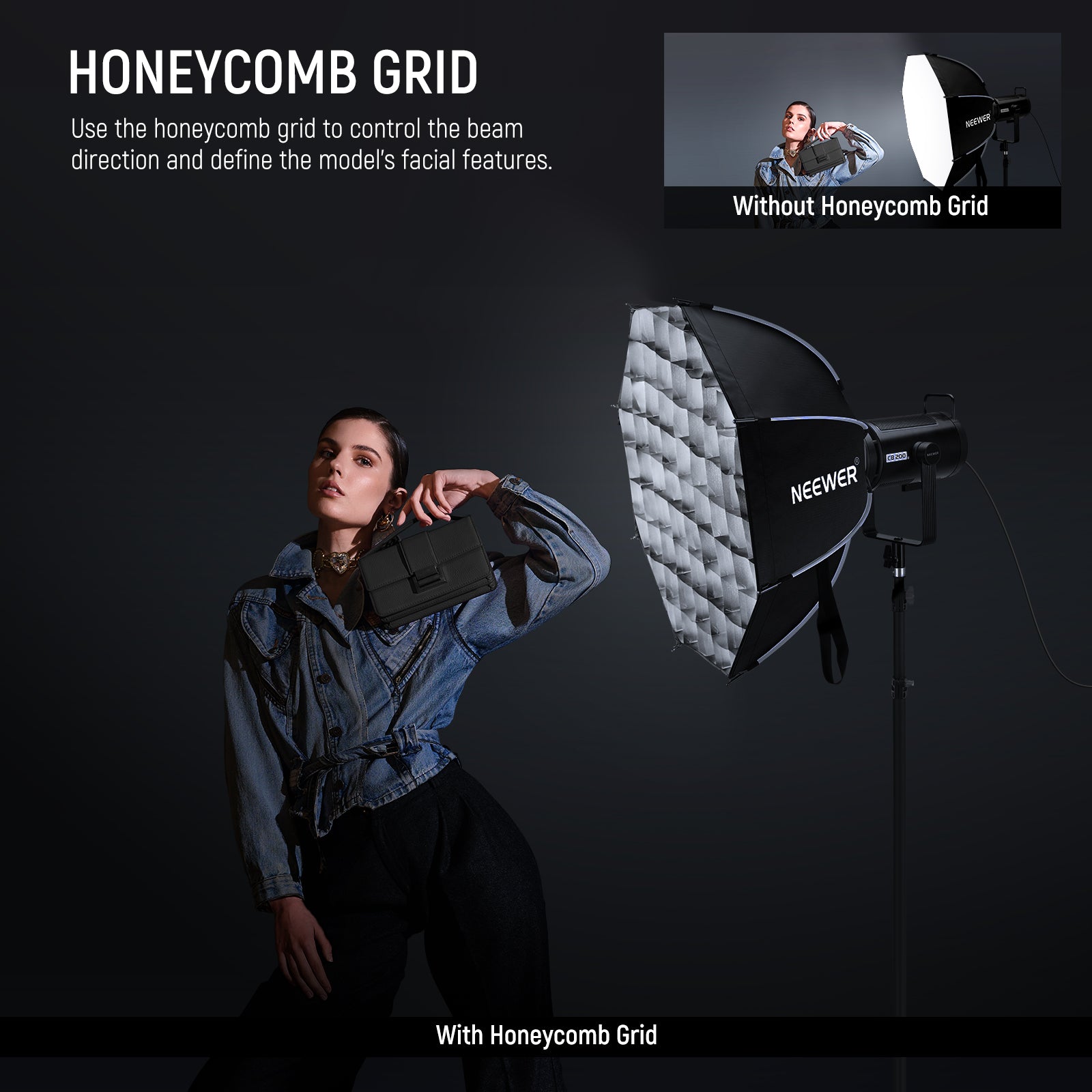 The honeycomb grid provides a distinctive soft yet punchy lighting effect