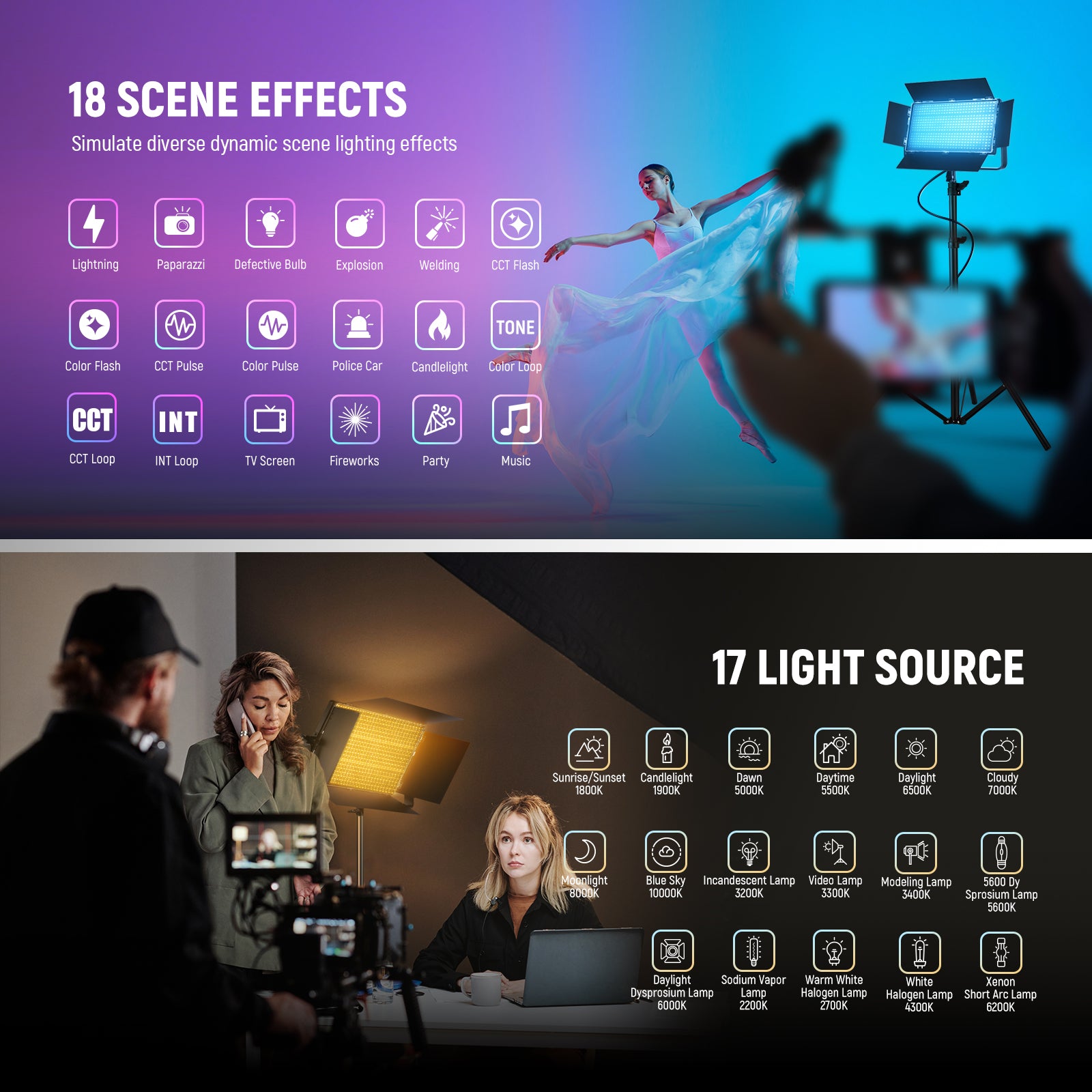 NEEWER AP100C 105W RGB LED Panel Video Light offers 18 scene effects.