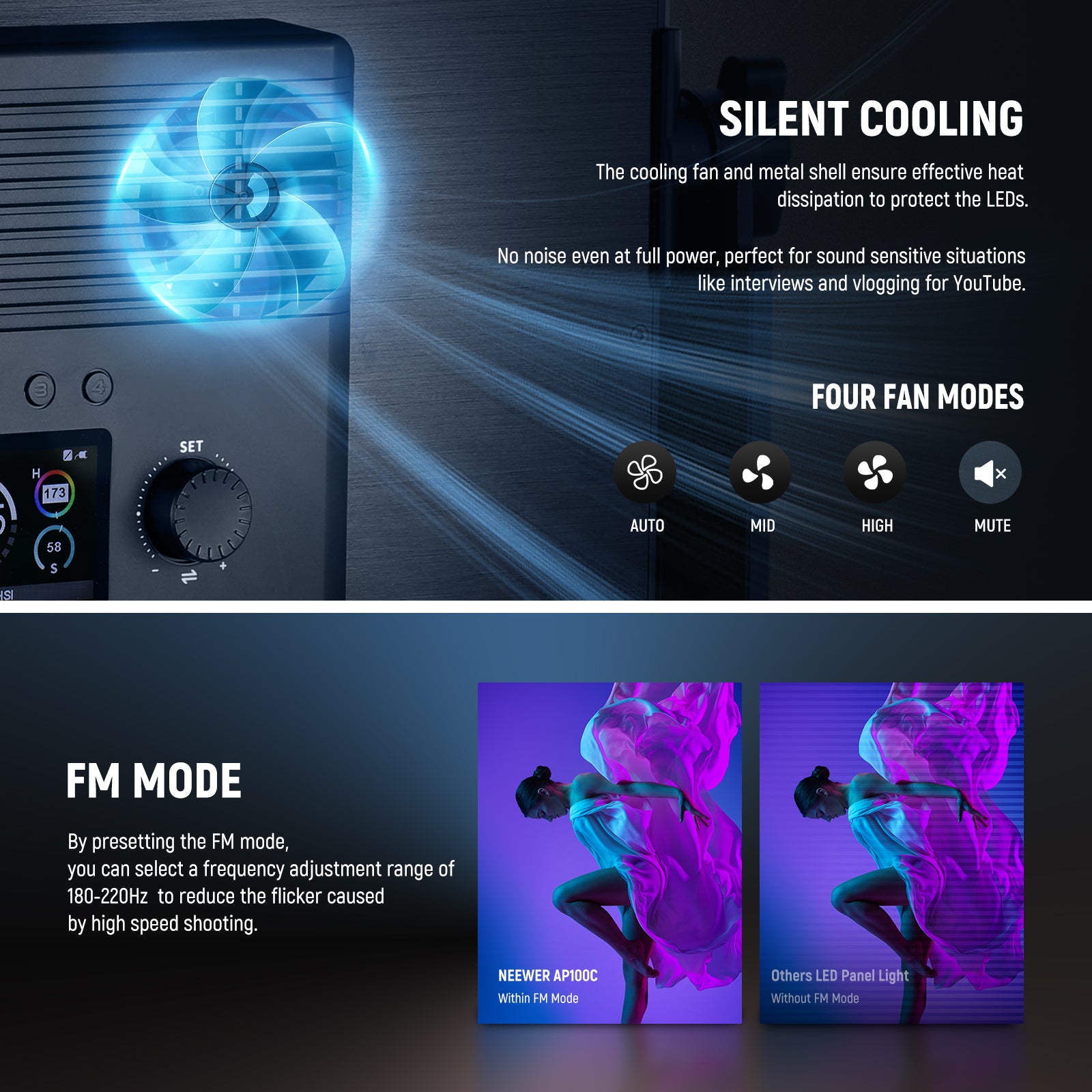 NEEWER AP100C 105W RGB LED Panel Video Light features the cooling fan.