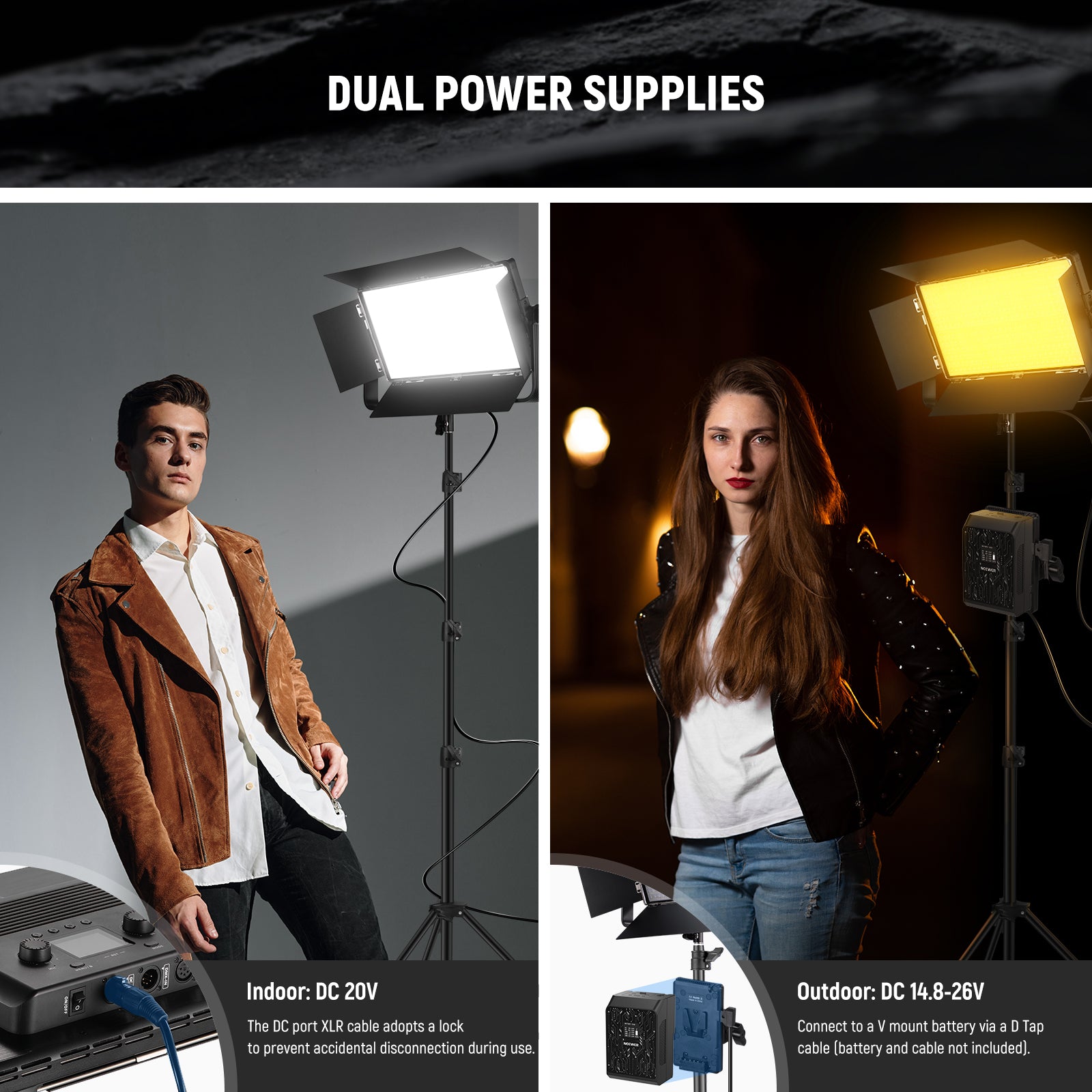 NEEWER AP100C 105W RGB LED Panel Video Light offers dual power supplies.