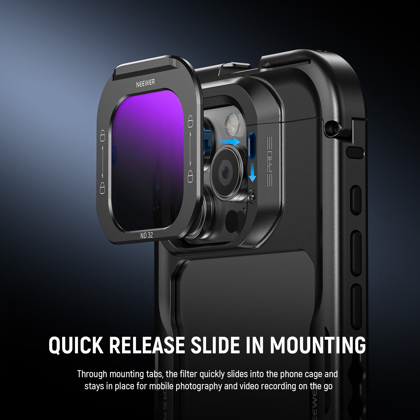 Filters quickly slide into the phone cage and stay in place during shooting