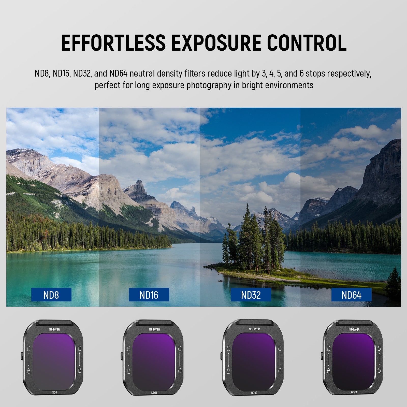 ND filters allows you to shoot at slower shutter speeds with larger apertures.